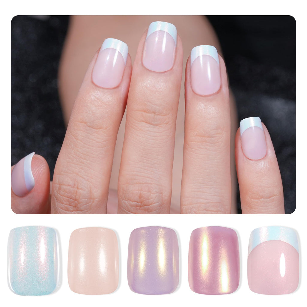 Jofay Fashion Press On Nails – Short French Mermaid, Pearl & Aurora Chrome, 5 Styles