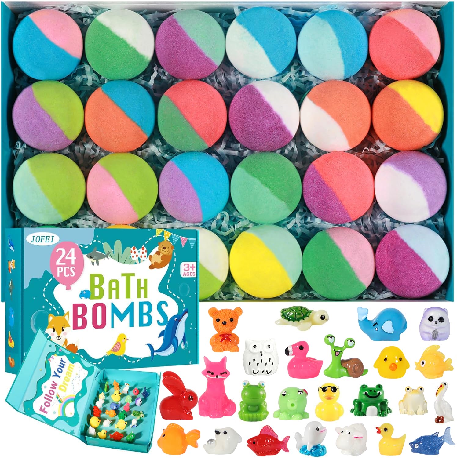 JOFEI Kids Bath Bombs with Surprise Inside – 24 Pack Gift Set for Bath Time