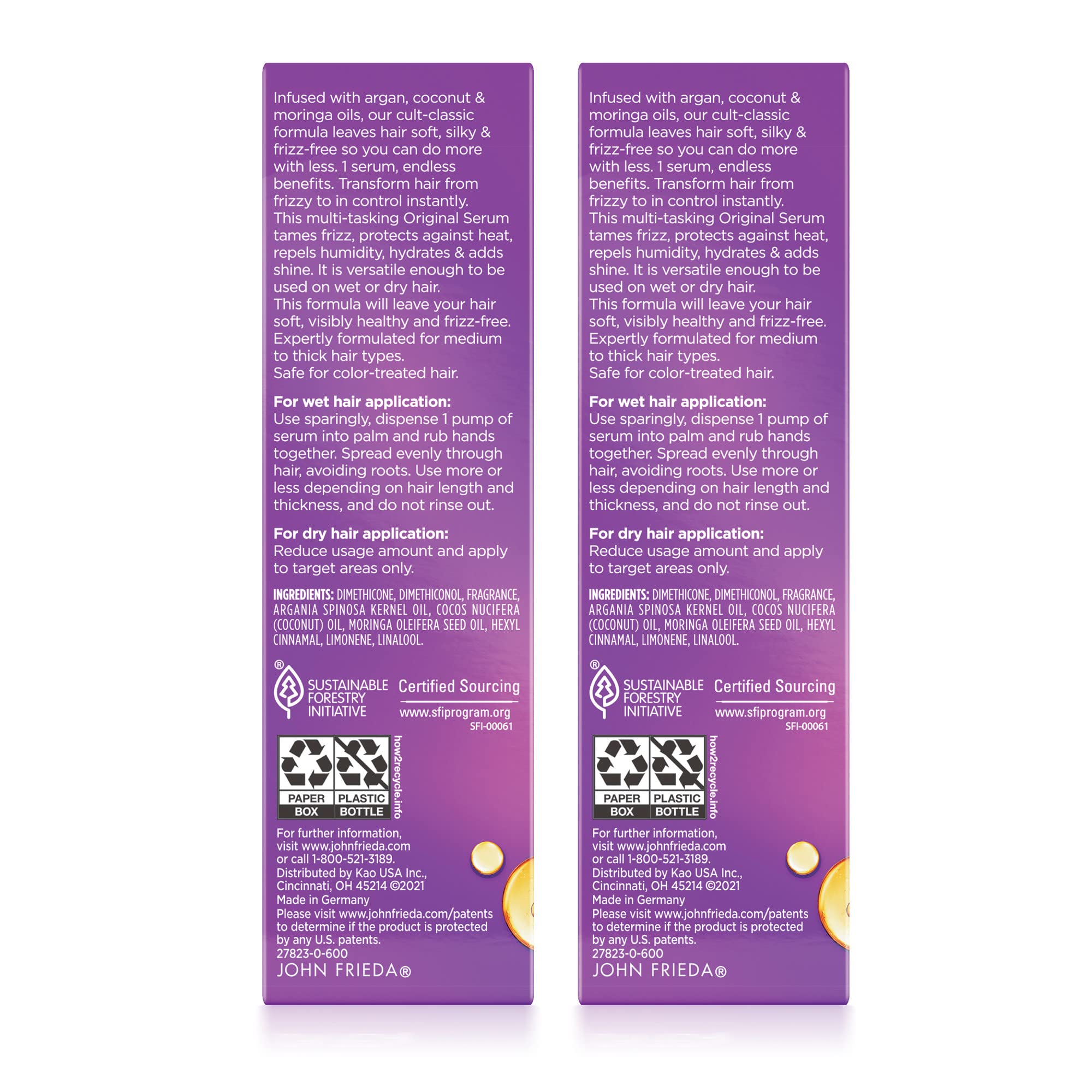 John Frieda Frizz Ease Original Hair Serum – Frizz, Heat & Humidity Protection + Shine (1.69 oz, Pack of 2)
