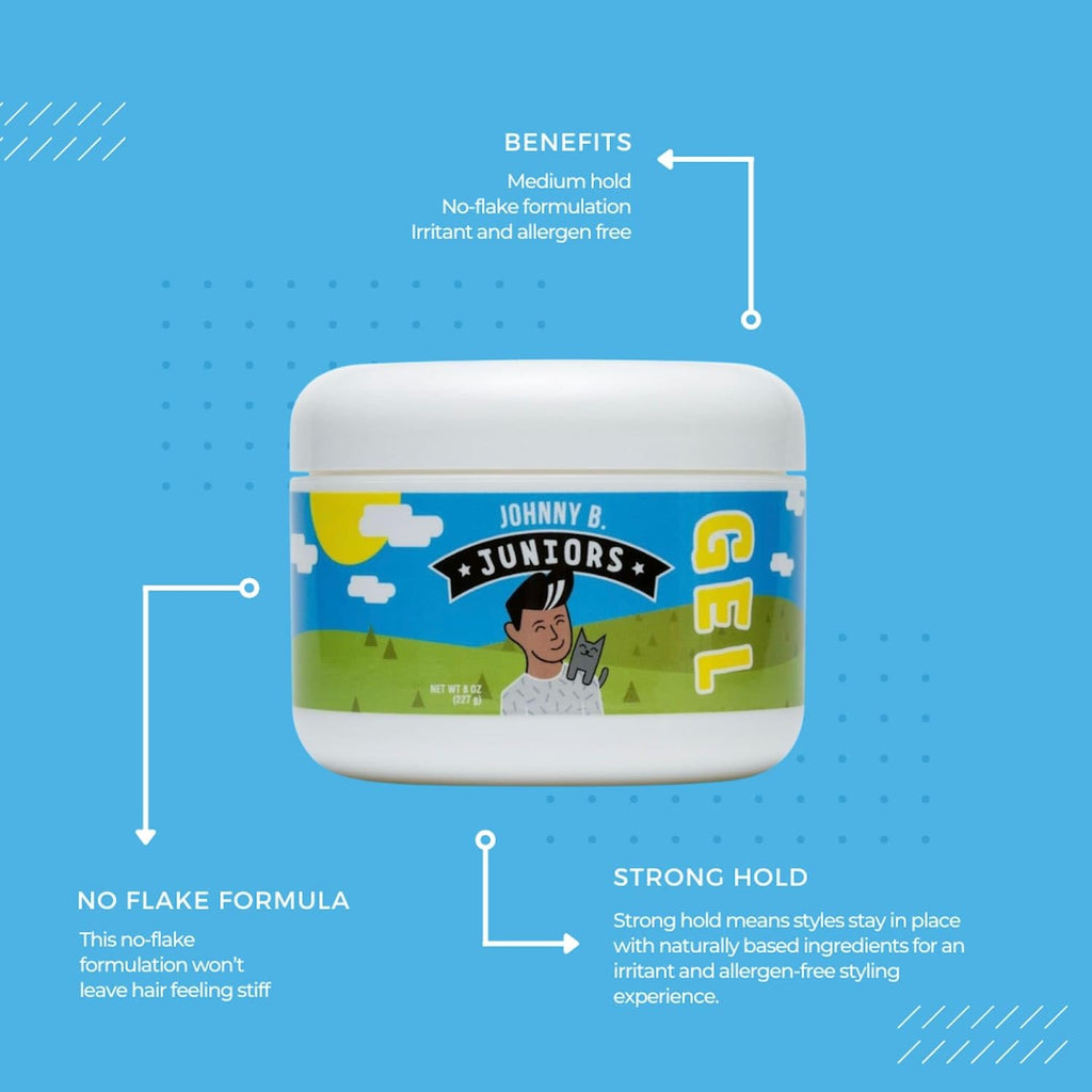 JOHNNY B. Juniors Hair Gel for Kids – No-Flake, Medium Hold, 8 oz Jar