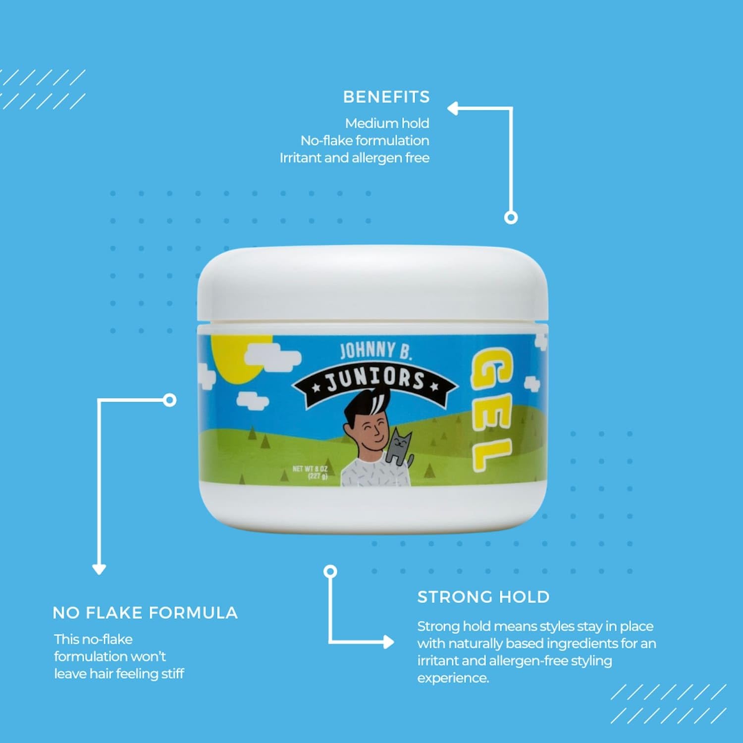 JOHNNY B. Juniors Hair Gel for Kids – No-Flake, Medium Hold, 8 oz Jar