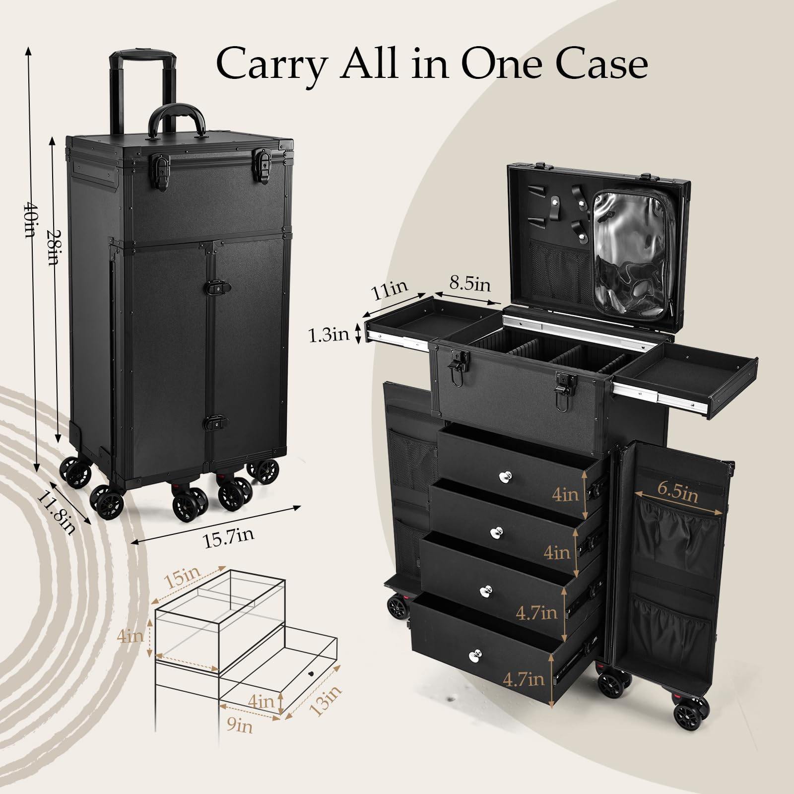 Joligrace Professional Rolling Makeup Case - 4-Drawer Pro Makeup Artist Train Case with 6 Wheels