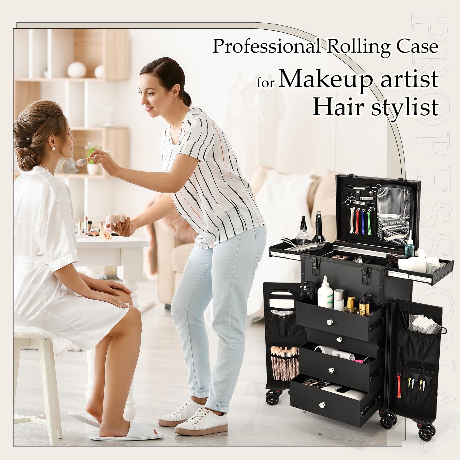 Joligrace Professional Rolling Makeup Case - 4-Drawer Pro Makeup Artist Train Case with 6 Wheels
