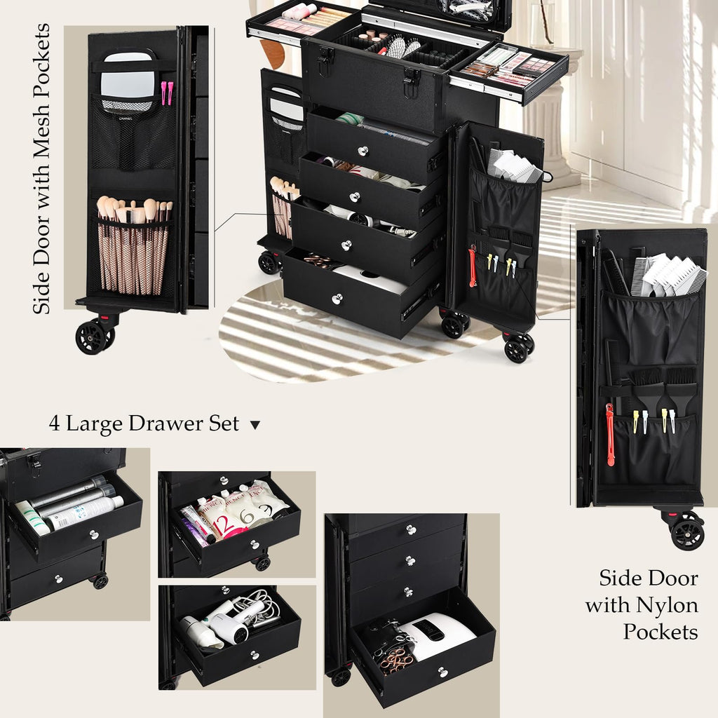 Joligrace Professional Rolling Makeup Case - 4-Drawer Pro Makeup Artist Train Case with 6 Wheels