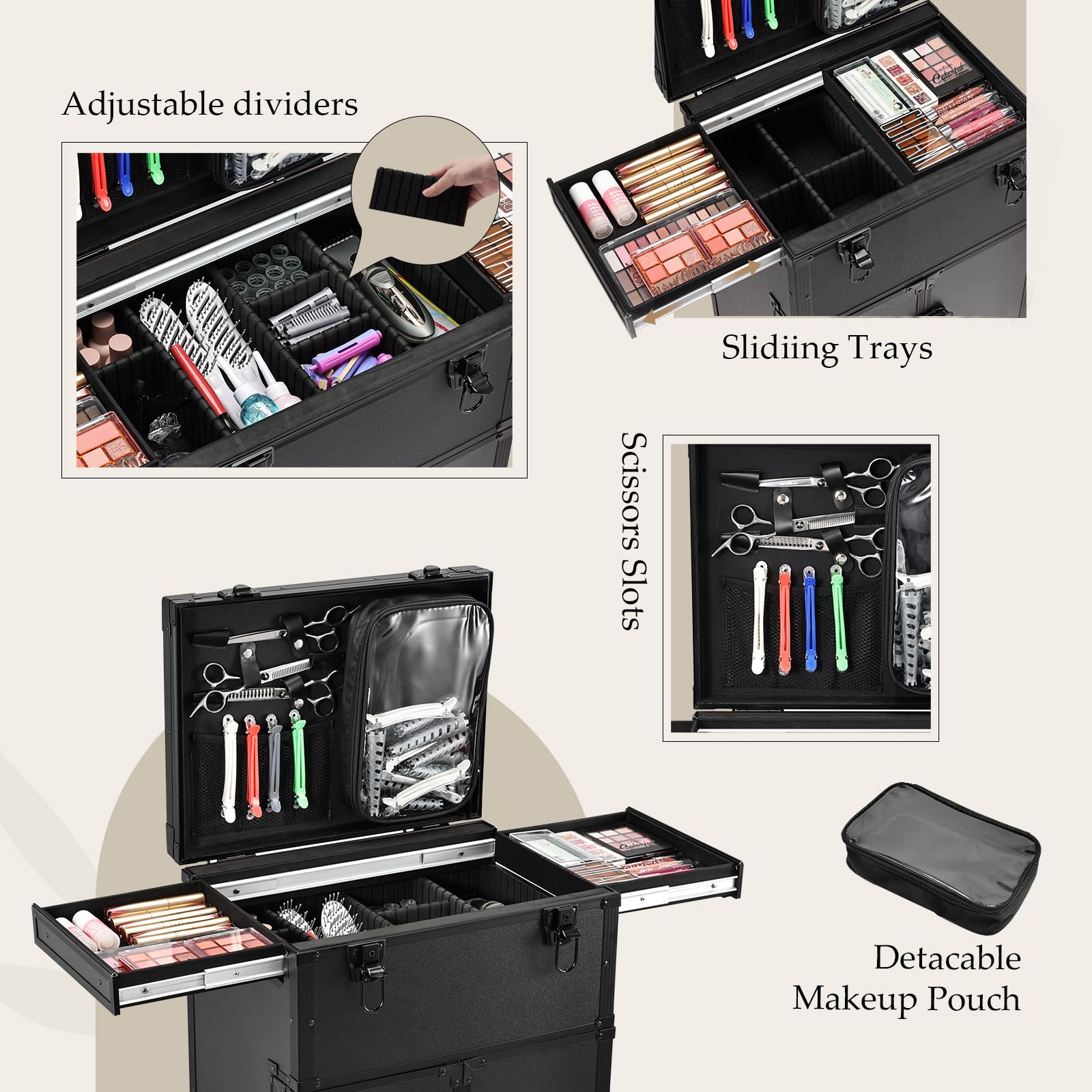 Joligrace Professional Rolling Makeup Case - 4-Drawer Pro Makeup Artist Train Case with 6 Wheels