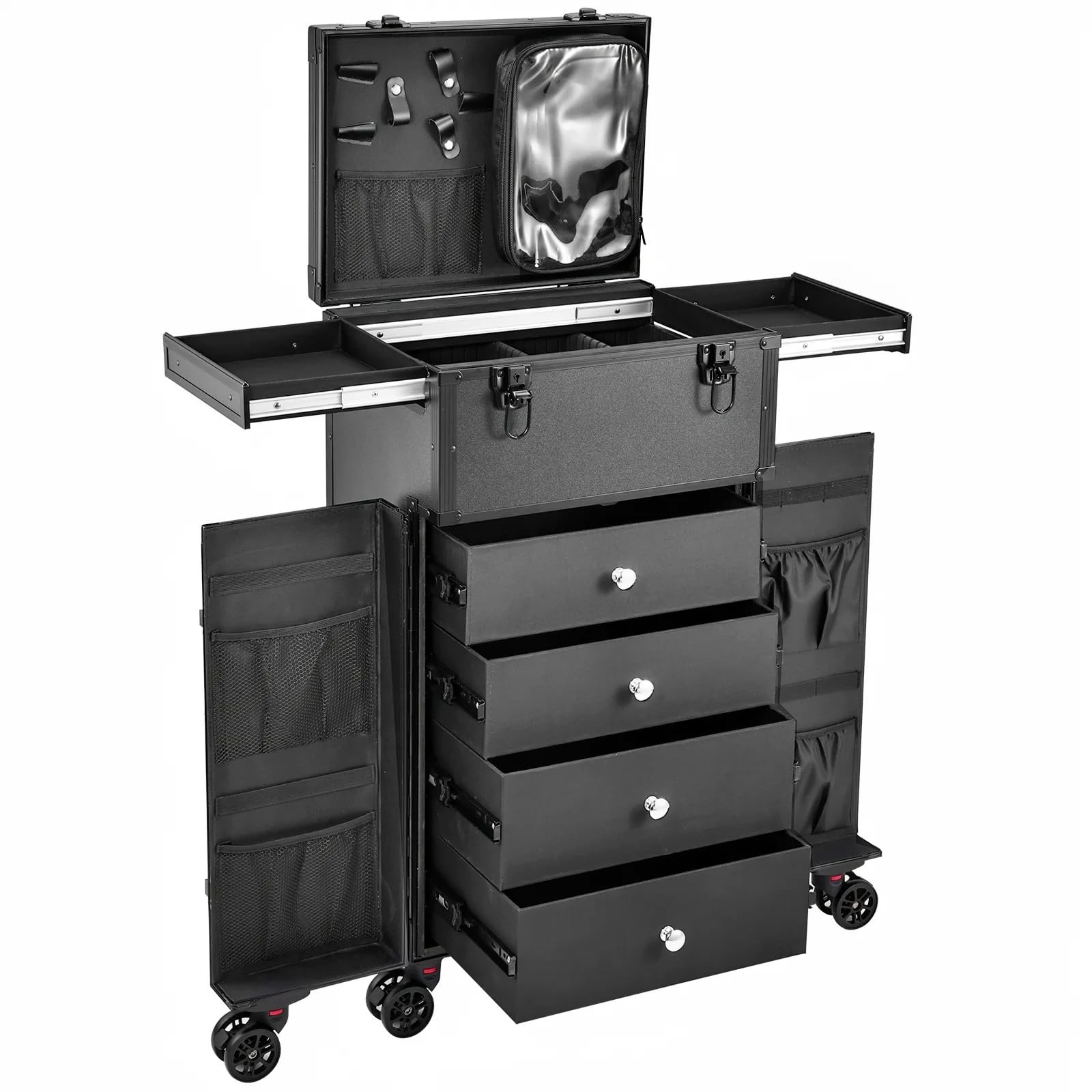 Joligrace Professional Rolling Makeup Case - 4-Drawer Pro Makeup Artist Train Case with 6 Wheels