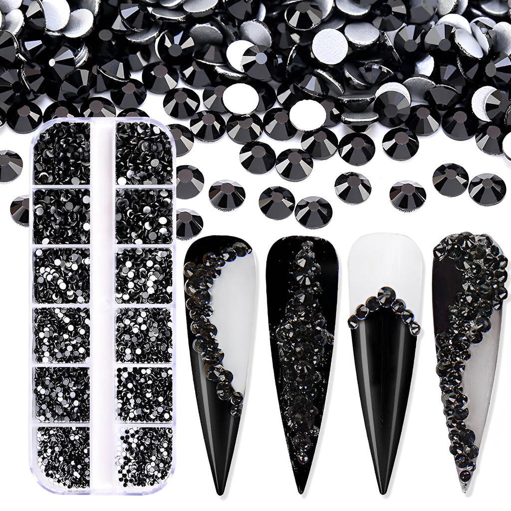 Jollin 3600pcs Flatback Rhinestones – Glass Nail Art Gems (SS4–SS12), Box Jet