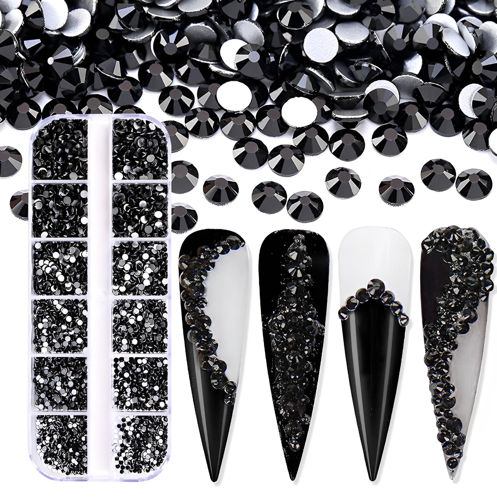 Jollin 3600pcs Flatback Rhinestones – Glass Nail Art Gems (SS4–SS12), Box Jet