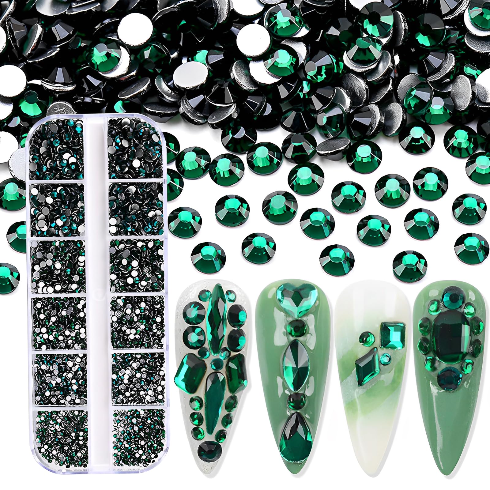 Jollin 3600pcs Flatback Rhinestones for Nail Art – Glass Charms, 6 Sizes SS4–SS12, Dark Green Box