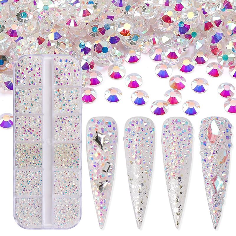 Jollin 3600pcs Flatback Rhinestones – Glass Gems for Nail Art, 6 Sizes SS4-SS12, Transparent AB