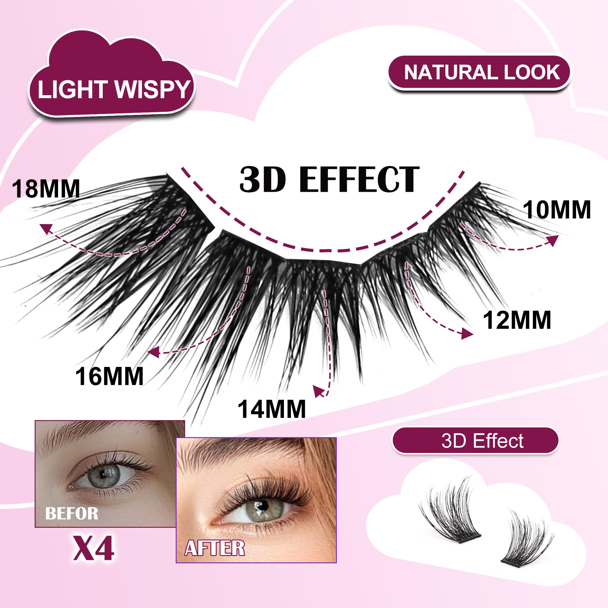 M J JOMAY Lash Clusters Kit – DIY Wispy Lashes, D Curl 10-18mm, Waterproof Hold