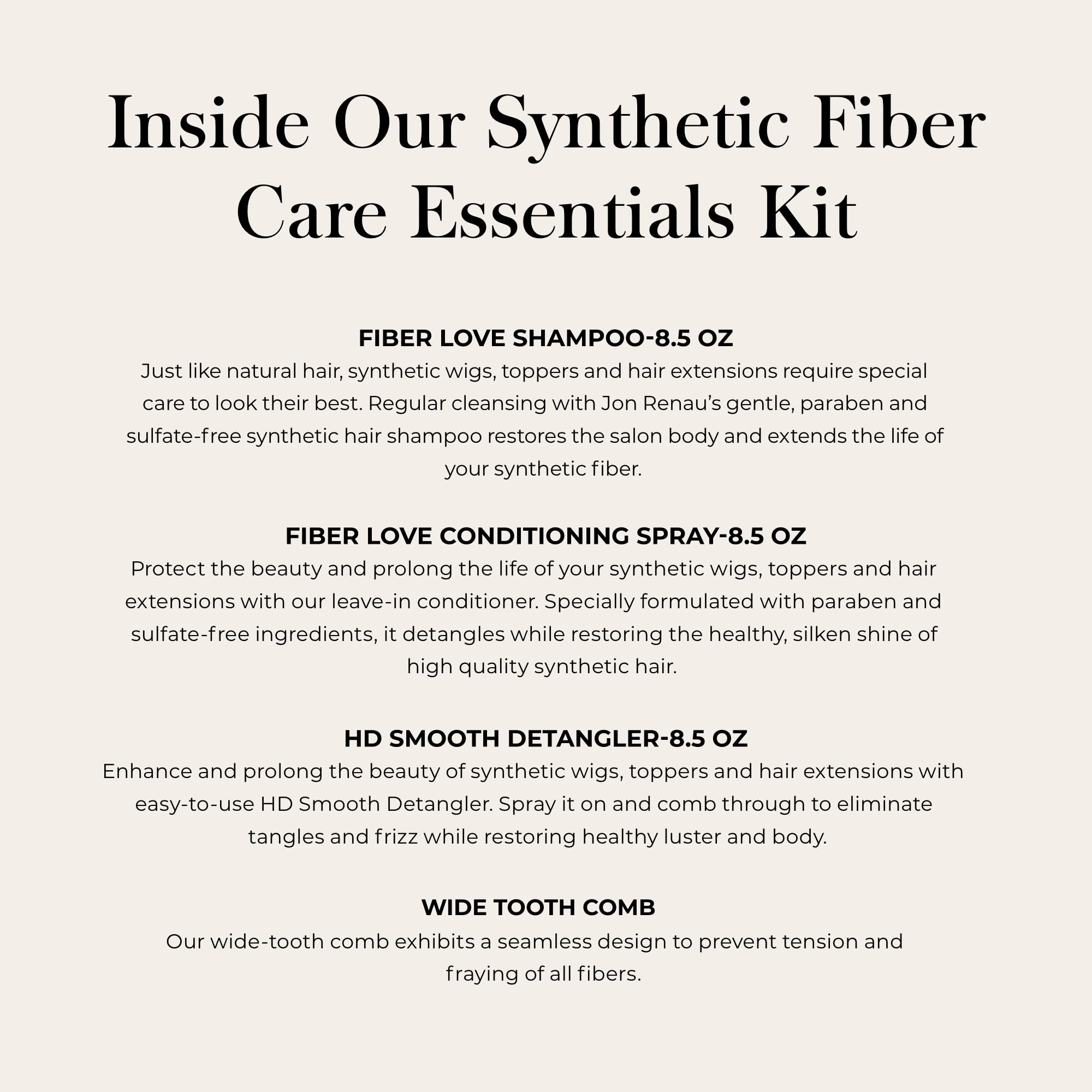 Jon Renau Synthetic Fiber Care Kit – Shampoo, Leave-In Conditioner & Detangler for Wigs & Extensions