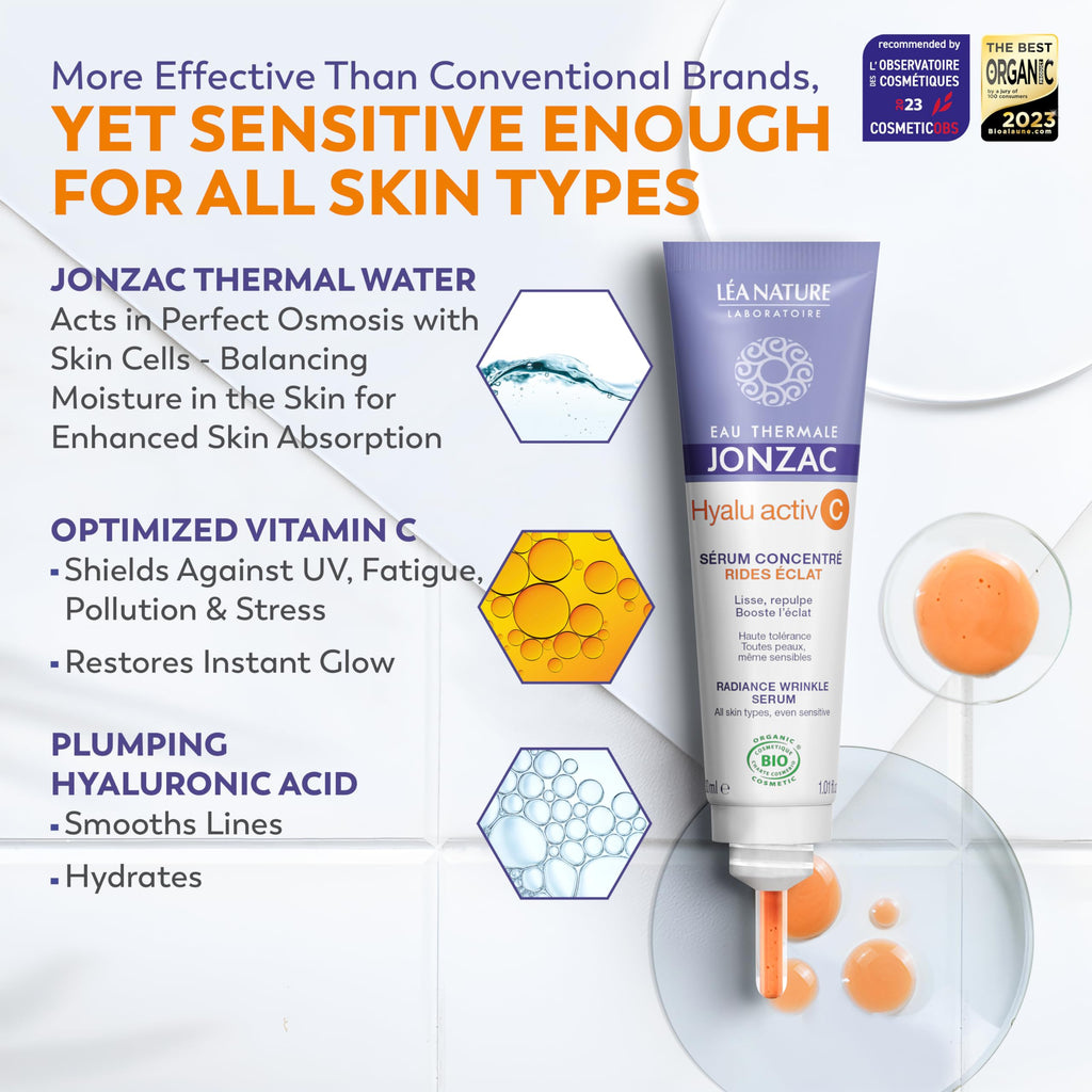 JONZAC Eau Thermale Hyalu Activ C Serum – Vitamin C 5x More Stable + Hyaluronic Acid for Face & Eyes