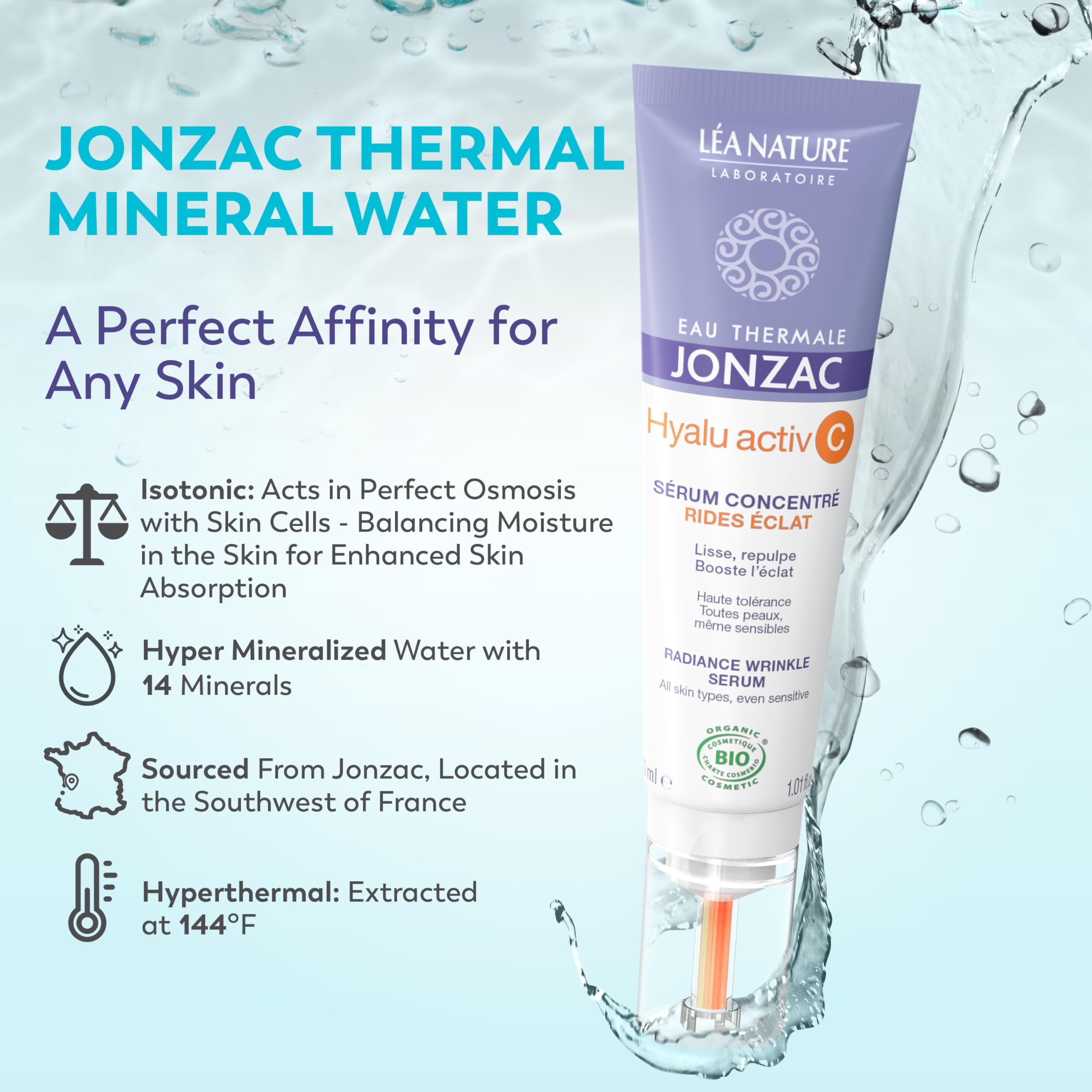 JONZAC Eau Thermale Hyalu Activ C Serum – Vitamin C 5x More Stable + Hyaluronic Acid for Face & Eyes