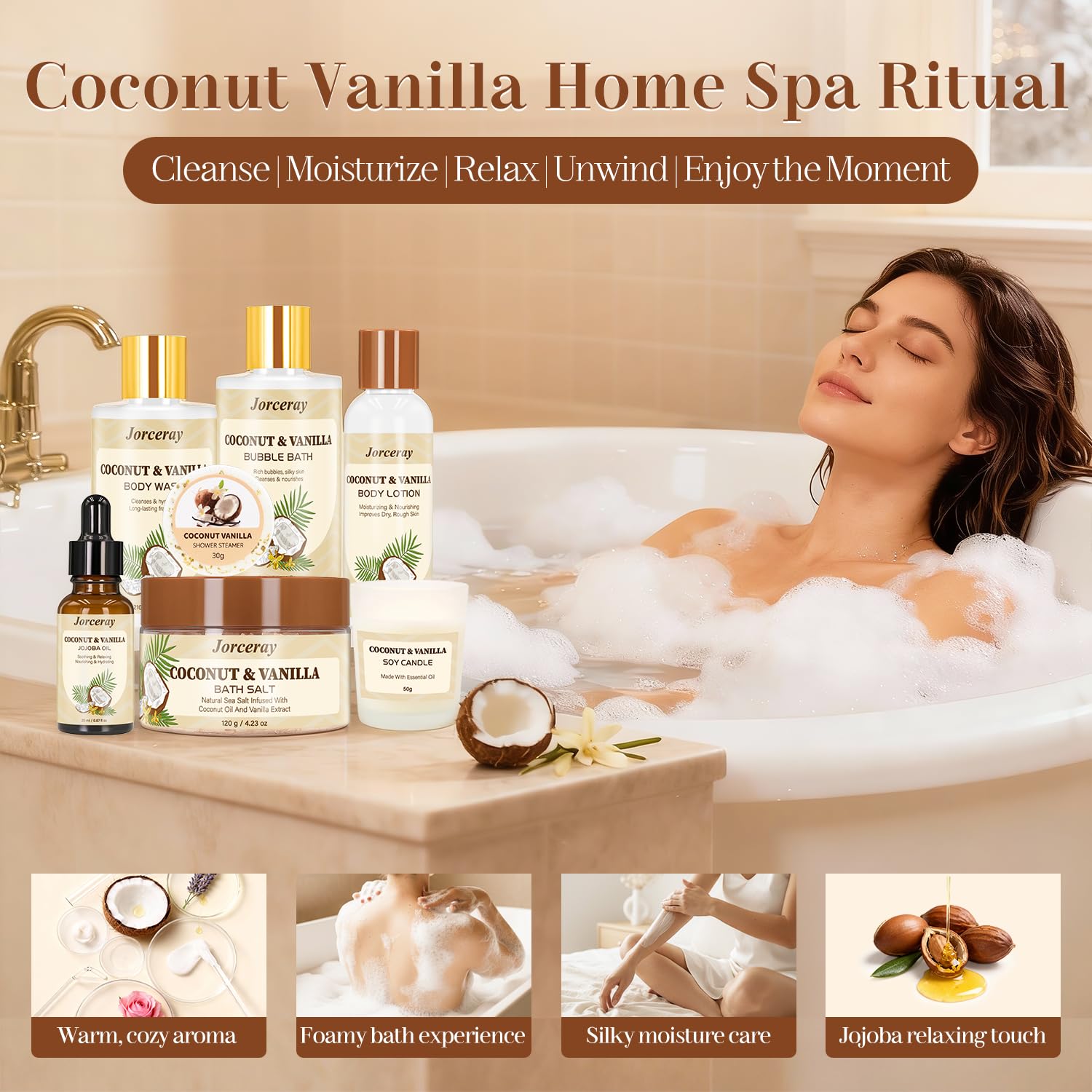 Jorceray 22PCS Valentines Day Spa Gift Basket for Women – Luxury Coconut Vanilla Bath & Body Set