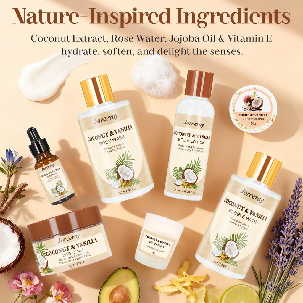 Jorceray 22PCS Valentines Day Spa Gift Basket for Women – Luxury Coconut Vanilla Bath & Body Set