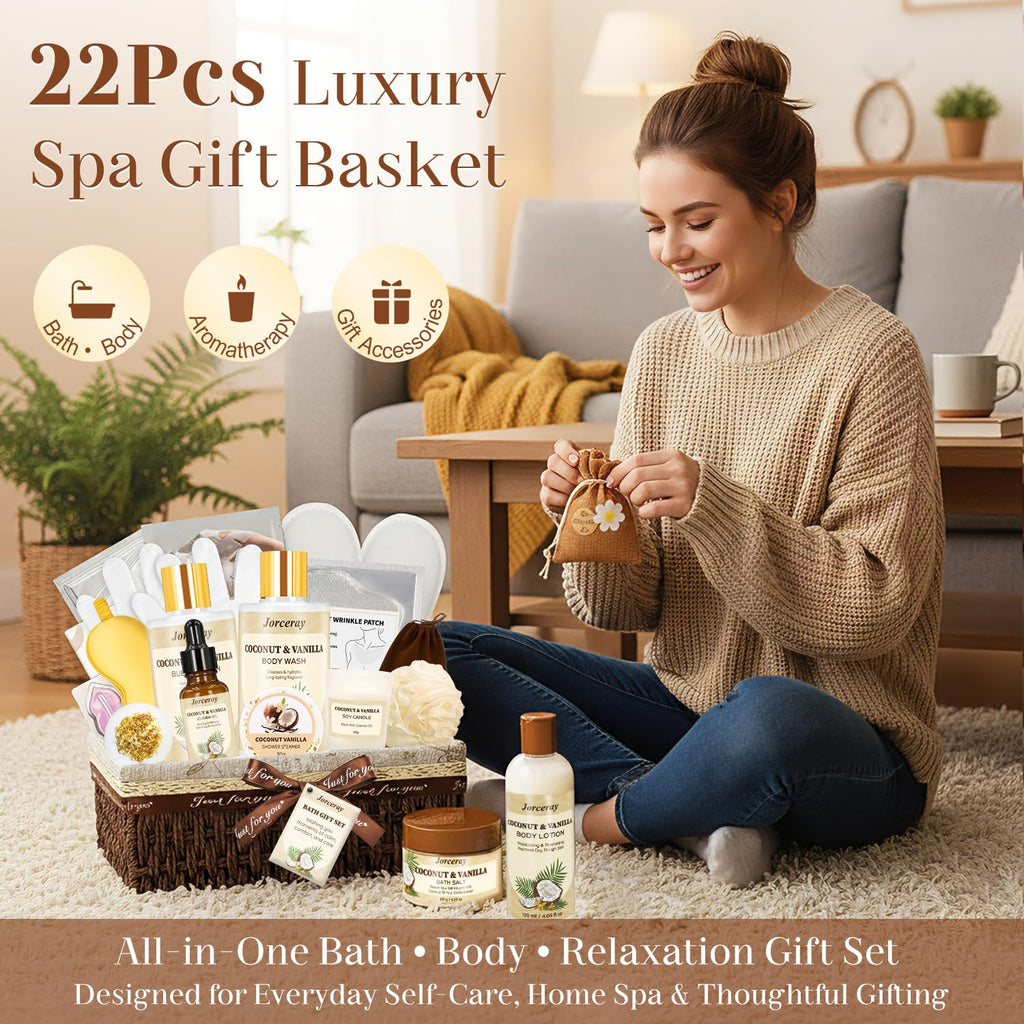 Jorceray 22PCS Valentines Day Spa Gift Basket for Women – Luxury Coconut Vanilla Bath & Body Set
