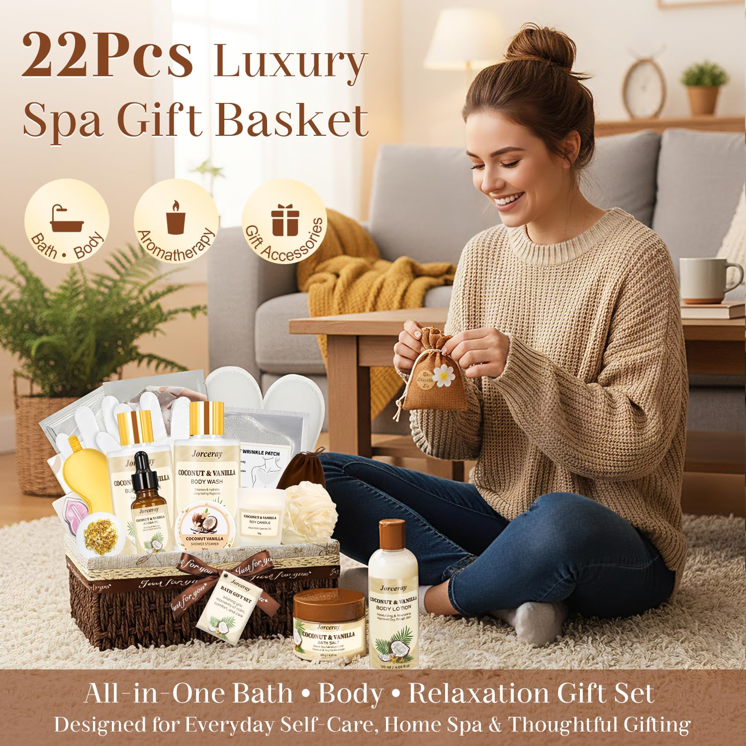 Jorceray 22PCS Valentines Day Spa Gift Basket for Women – Luxury Coconut Vanilla Bath & Body Set