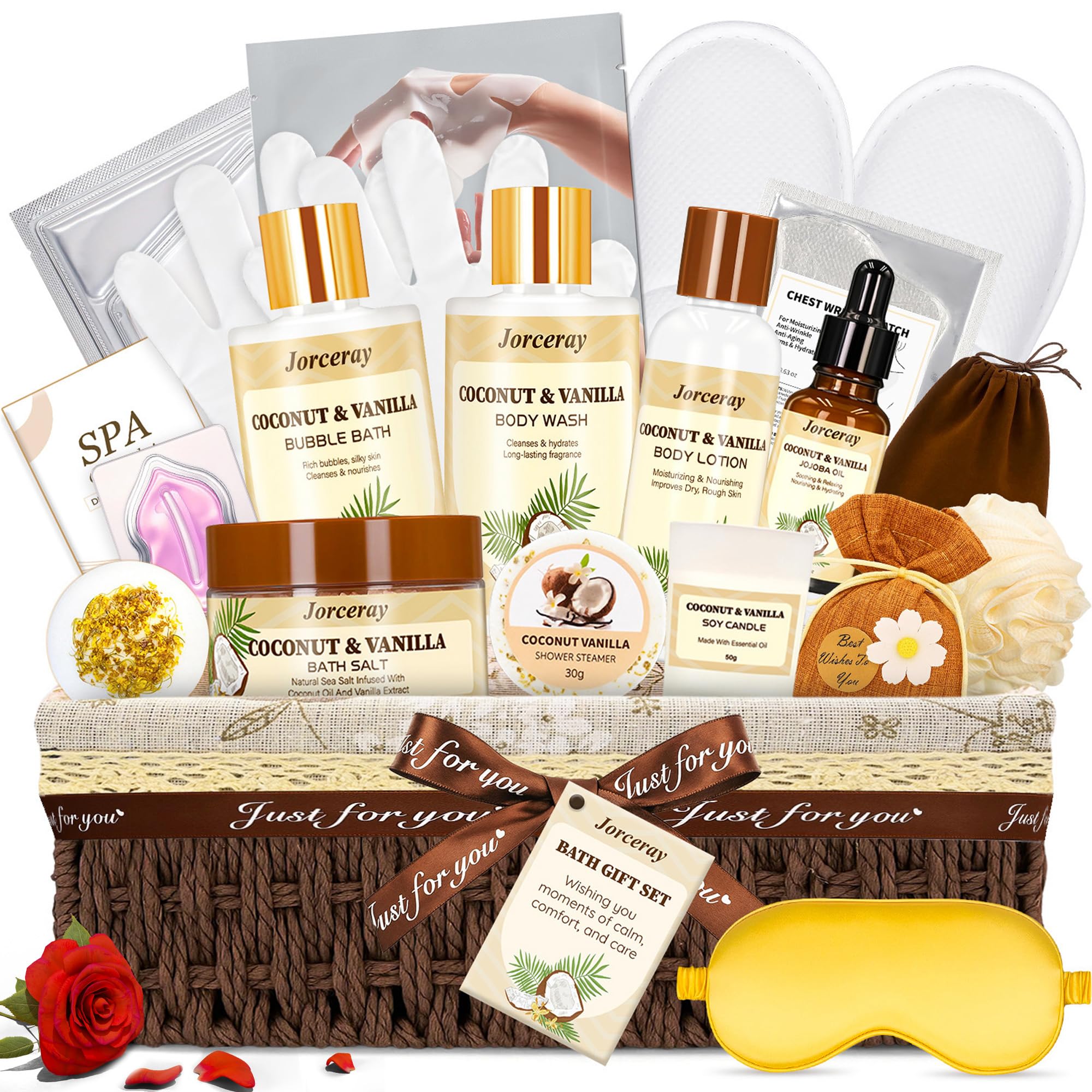 Jorceray 22PCS Valentines Day Spa Gift Basket for Women – Luxury Coconut Vanilla Bath & Body Set