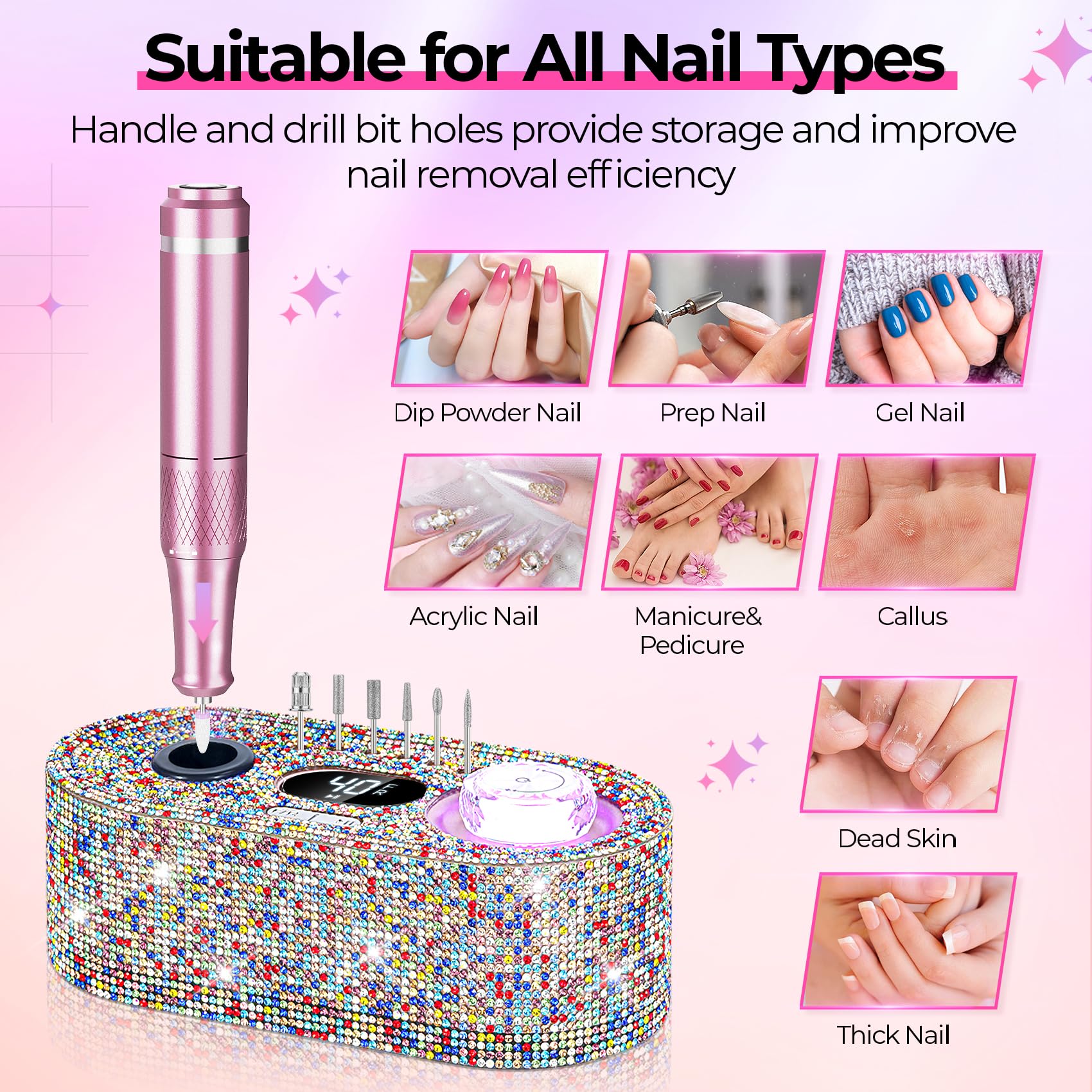 JOSGLOI Electric Nail Drill Professional – 40,000 RPM, LCD Display, Diamond AB Bit Kit