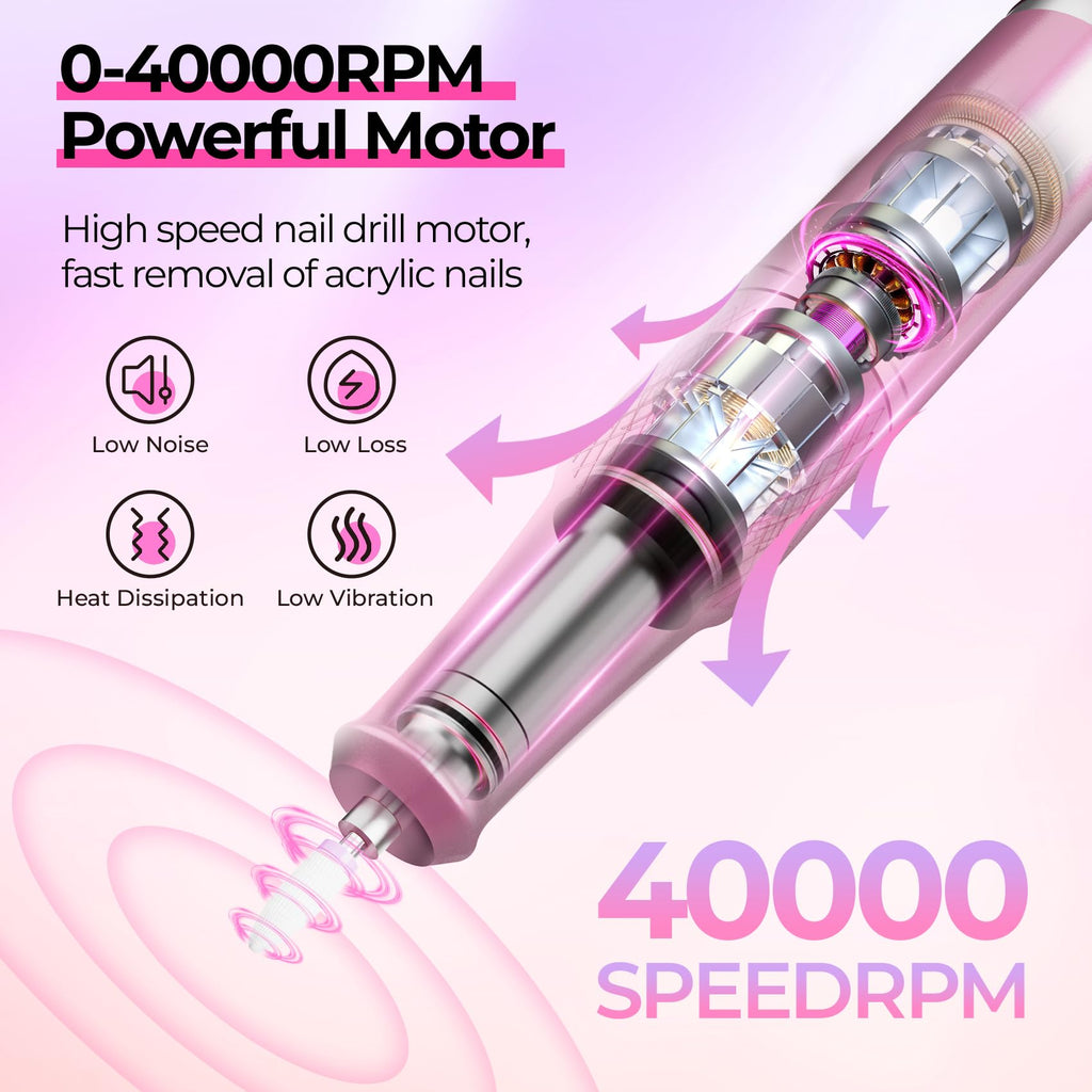 JOSGLOI Electric Nail Drill Professional – 40,000 RPM, LCD Display, Diamond AB Bit Kit