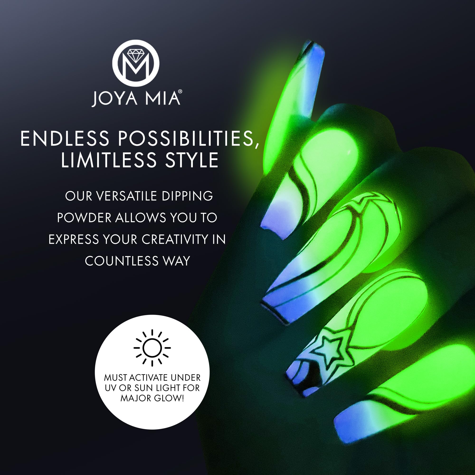 Joya Mia Glow-in-the-Dark Nail Powder – 12 Colors, 2 oz | Premium Acrylic Dip Powder
