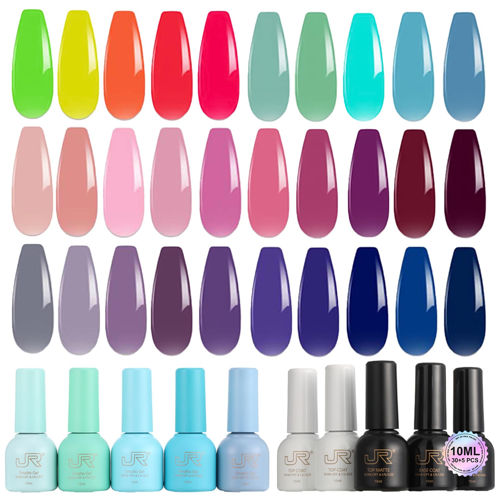 JR 35pcs 10ml Gel Nail Polish Set – Color-Matched Bottles, Base & Top Coats, Matte Finish