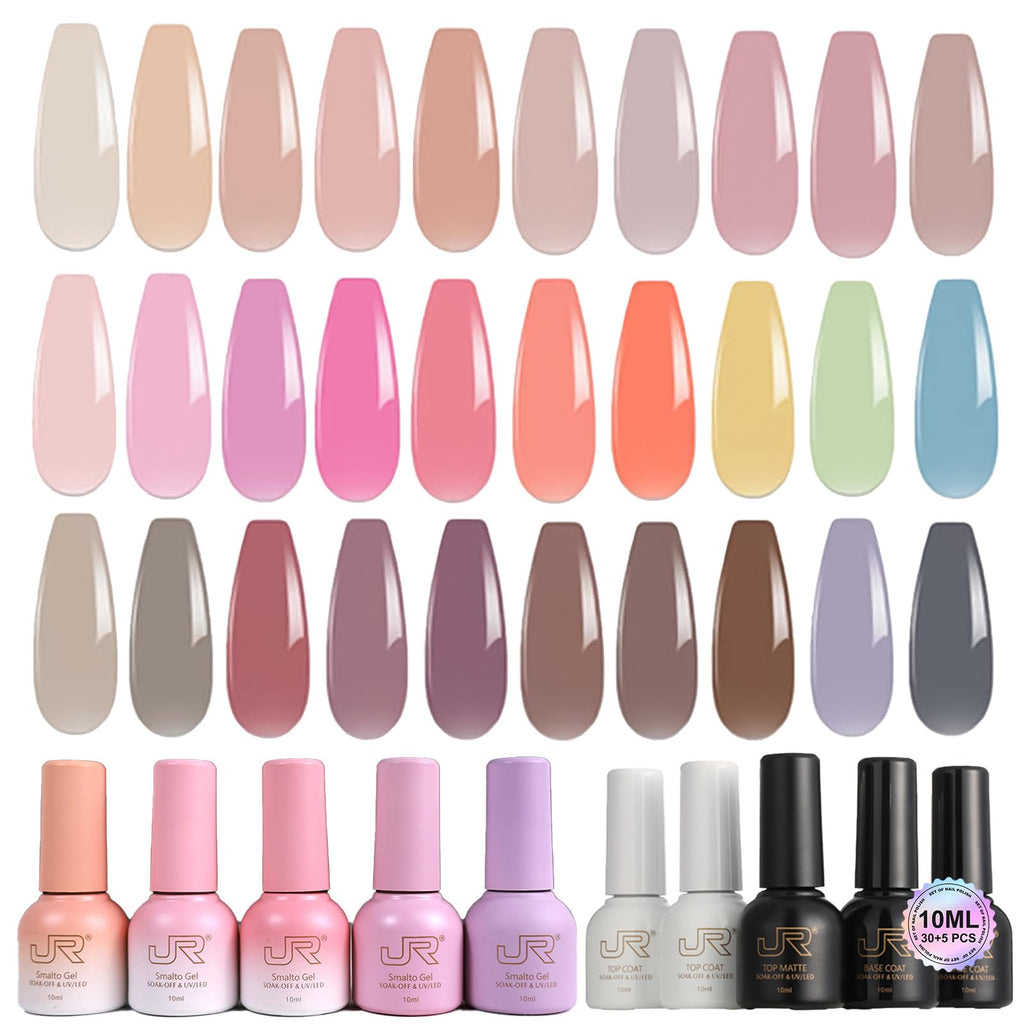 JR 35pcs Gel Nail Polish Set – 10ml, Same Color & Bottle | Base Coat, Top Coat, Matte Top | 60s LED/UV Cure