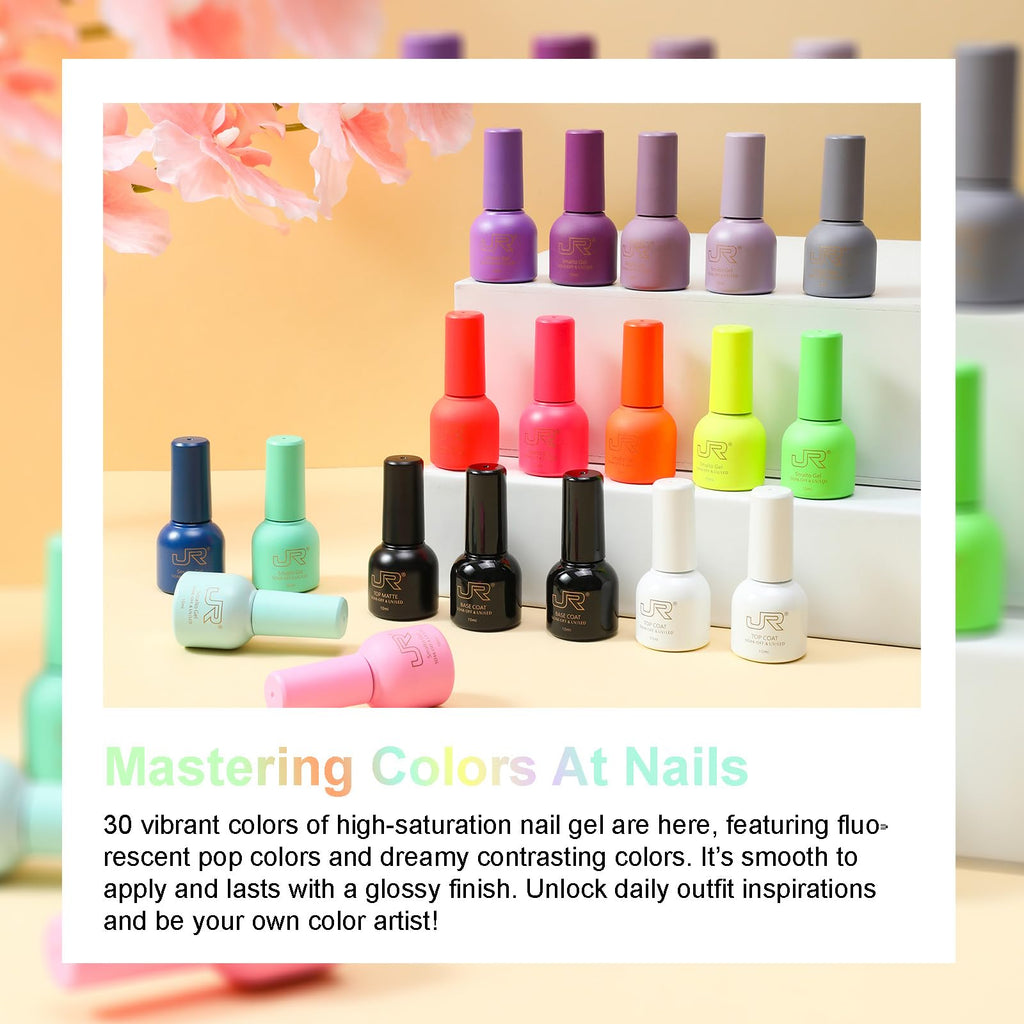 JR 35pcs 10ml Gel Nail Polish Set – Color-Matched Bottles, Base & Top Coats, Matte Finish