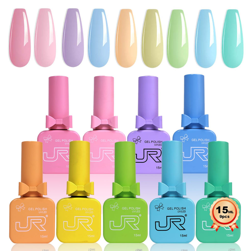 JR 9pcs 15ml Gel Nail Polish Set – Macaron Colors for Long-Lasting, Easy Soak-Off Manicures
