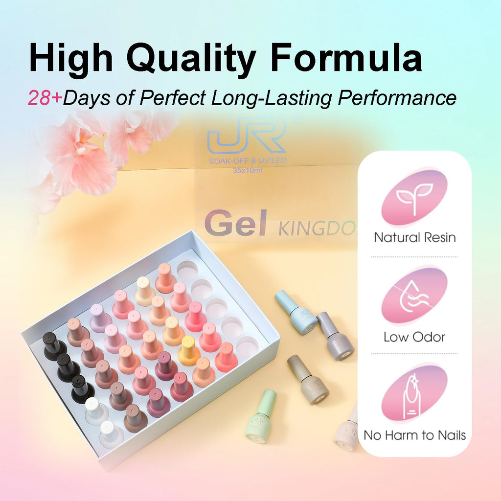 JR 35pcs Gel Nail Polish Set – 10ml, Same Color & Bottle | Base Coat, Top Coat, Matte Top | 60s LED/UV Cure