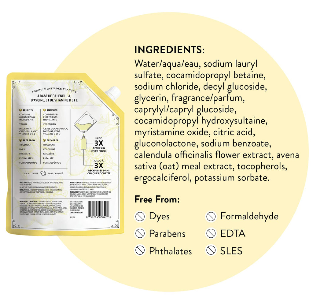 J.R. Watkins Lemon Hand Soap Refill Pouch — 34 oz, USA Made, Cruelty Free, 6 Pack