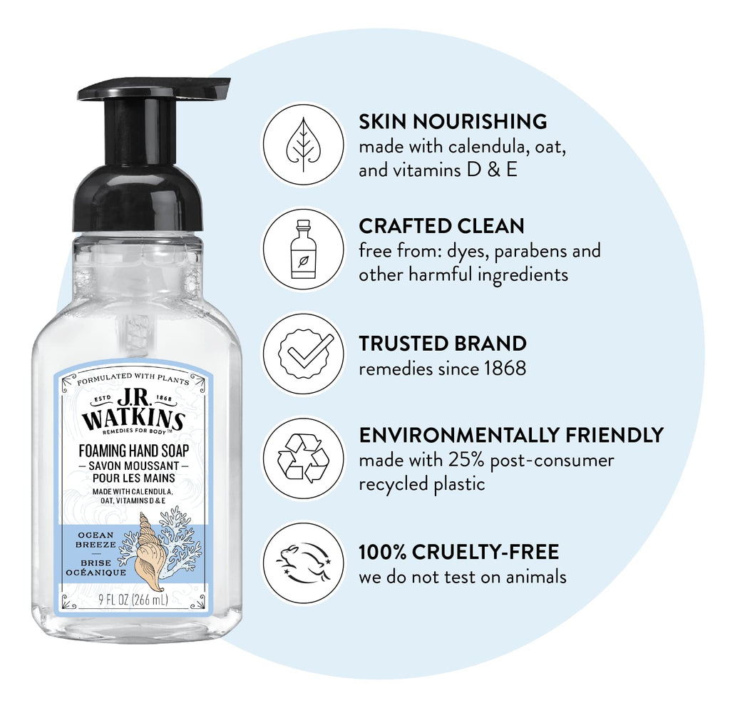 J.R. Watkins Foaming Hand Soap with Pump Dispenser – Moisturizing Foam Hand Wash, Alcohol-Free, Cruelty-Free, Brise Marine, 9 fl oz, 3 Pack