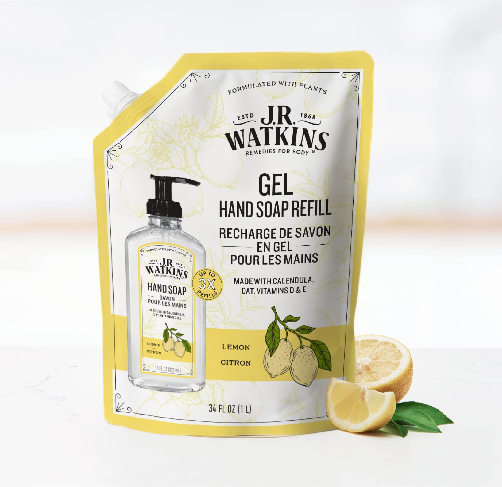 J.R. Watkins Lemon Hand Soap Refill Pouch — 34 oz, USA Made, Cruelty Free, 6 Pack