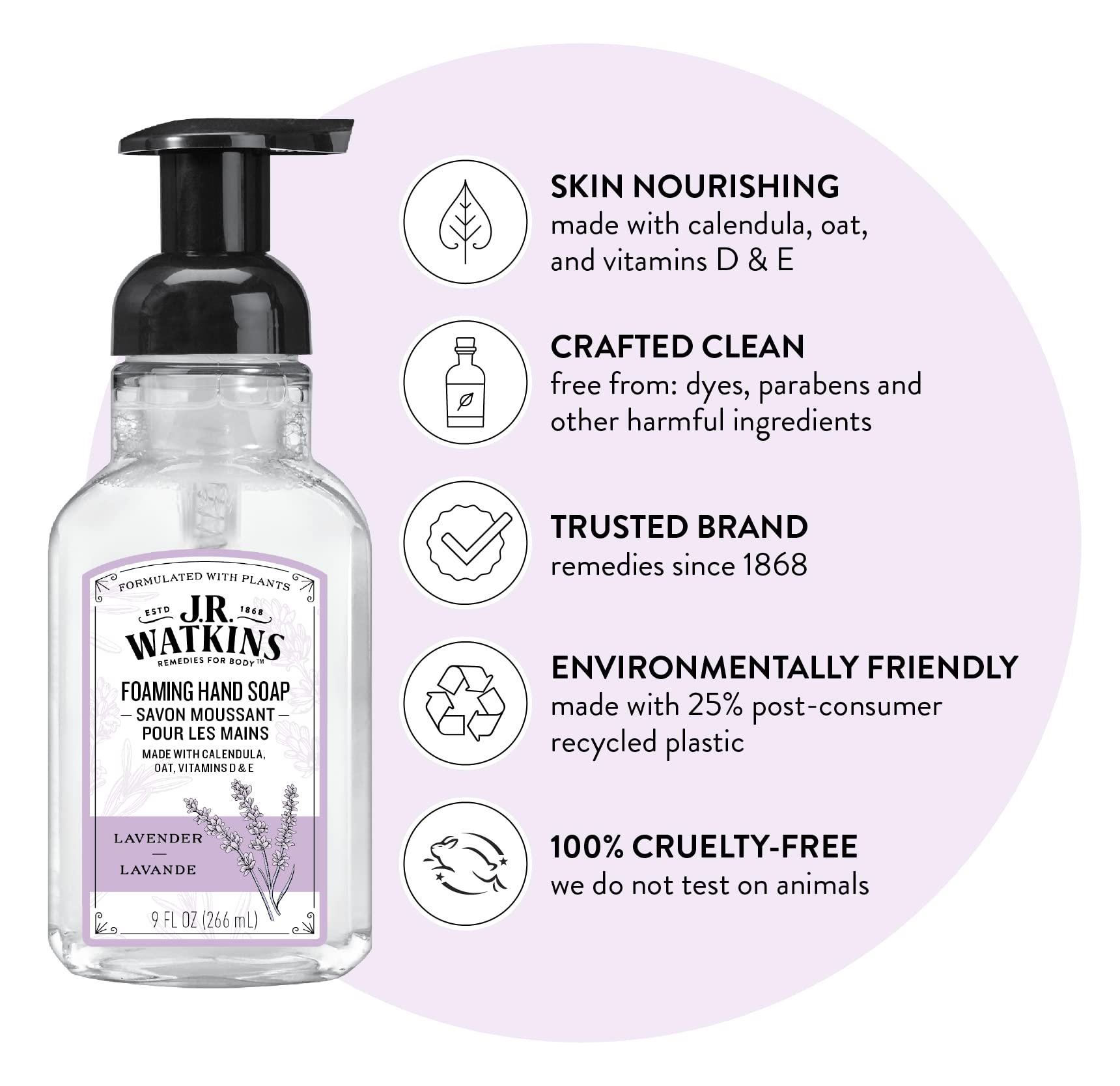 J.R. Watkins Lavender Foaming Hand Soap — 3 Pack, 9 oz, Alcohol-Free, Cruelty-Free, USA Made