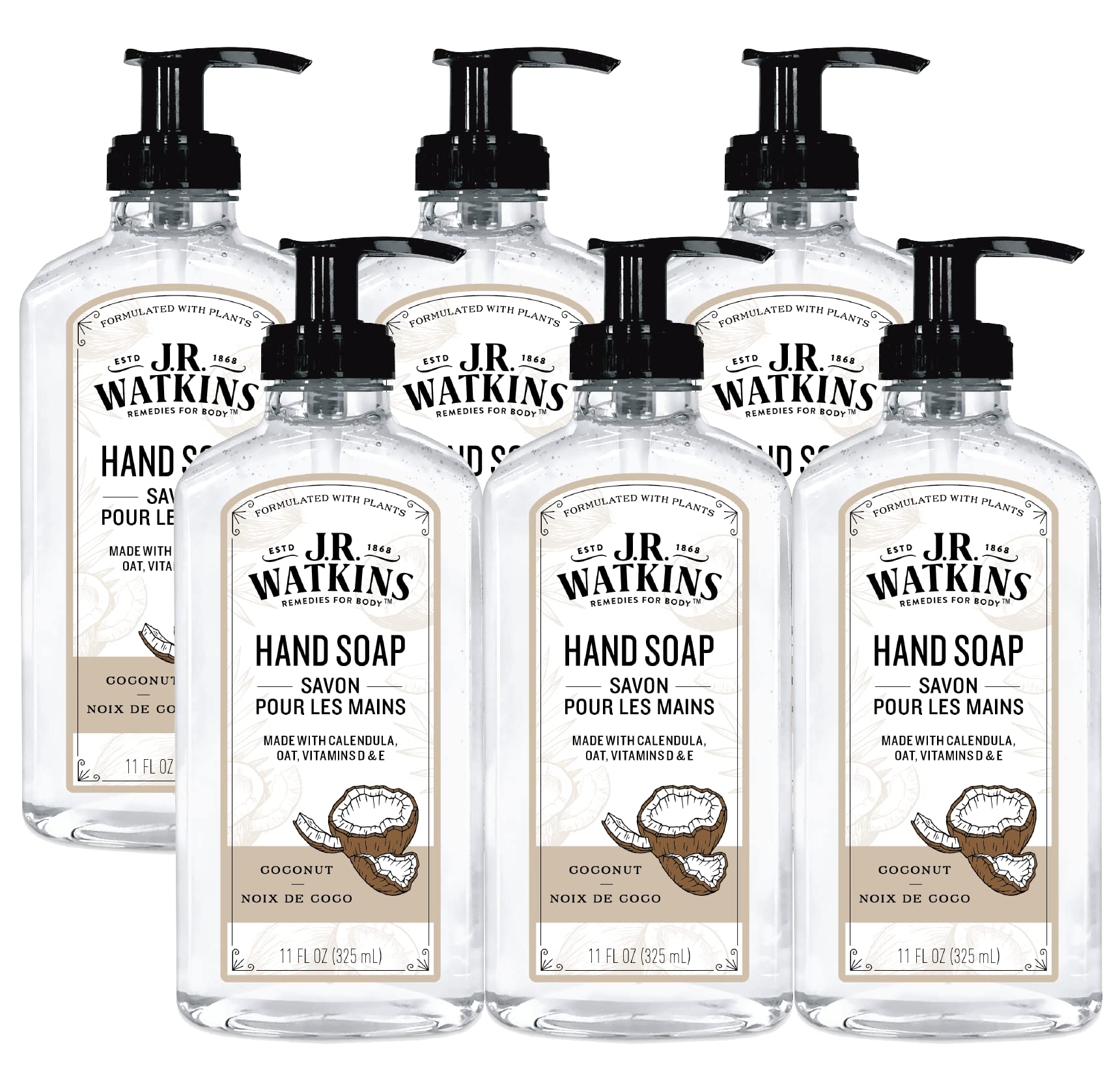 J.R. Watkins Gel Hand Soap – Coconut, USA Made, Cruelty-Free, 11 oz (6 Pack)