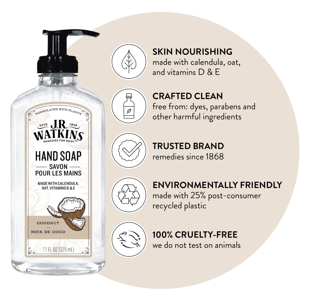 J.R. Watkins Gel Hand Soap – Coconut, USA Made, Cruelty-Free, 11 oz (6 Pack)