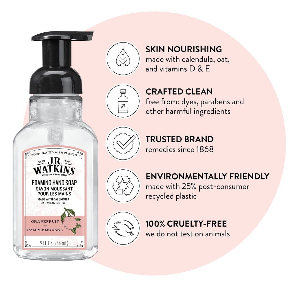 J.R. Watkins Foaming Hand Soap Pump – Grapefruit, Alcohol-Free, Cruelty-Free, USA Made, 9 fl oz (6 Pack)