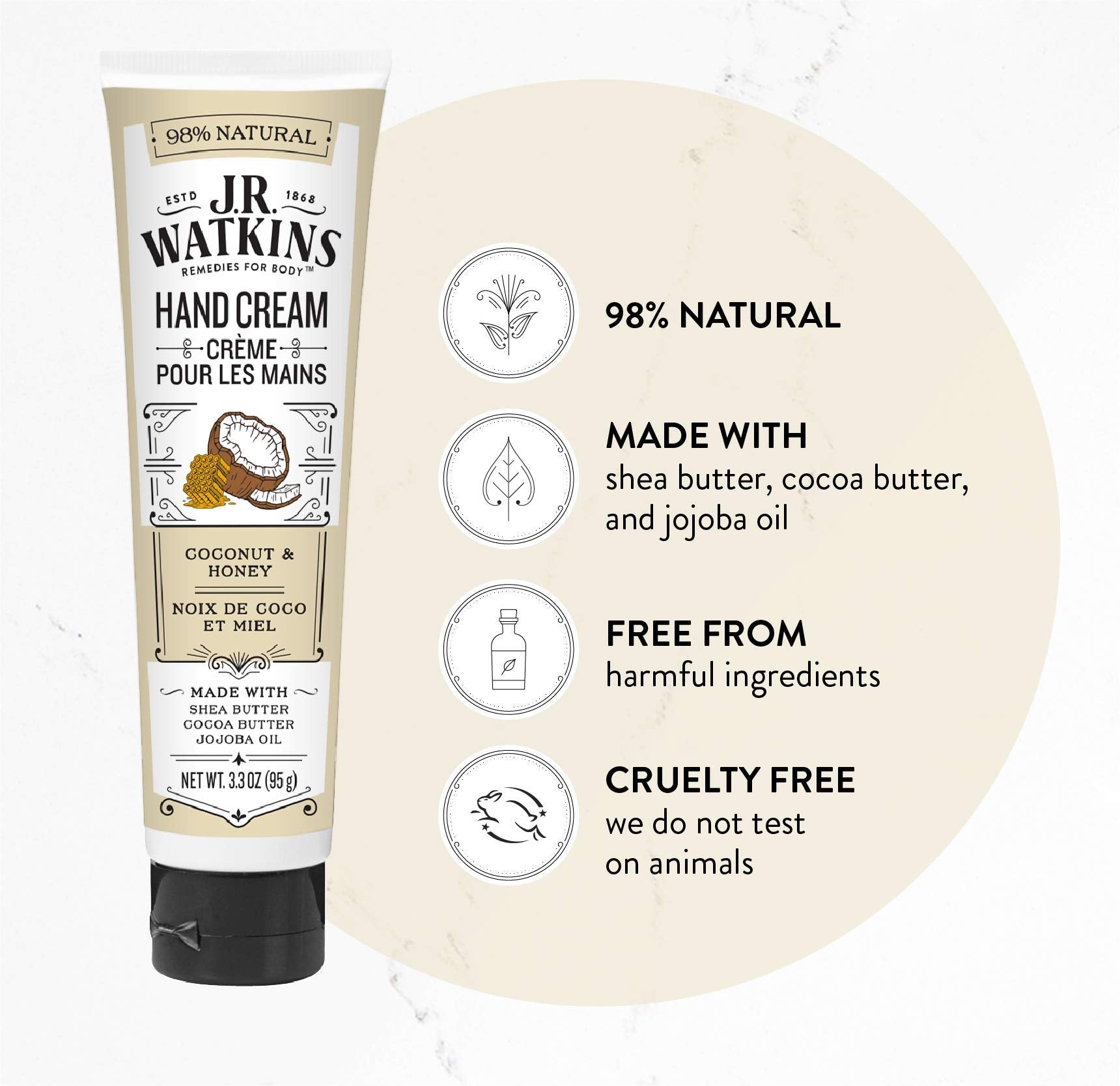 J.R. Watkins Hand Cream - Coconut (3.3 oz) Pack of 4 | Hydration, Made in USA