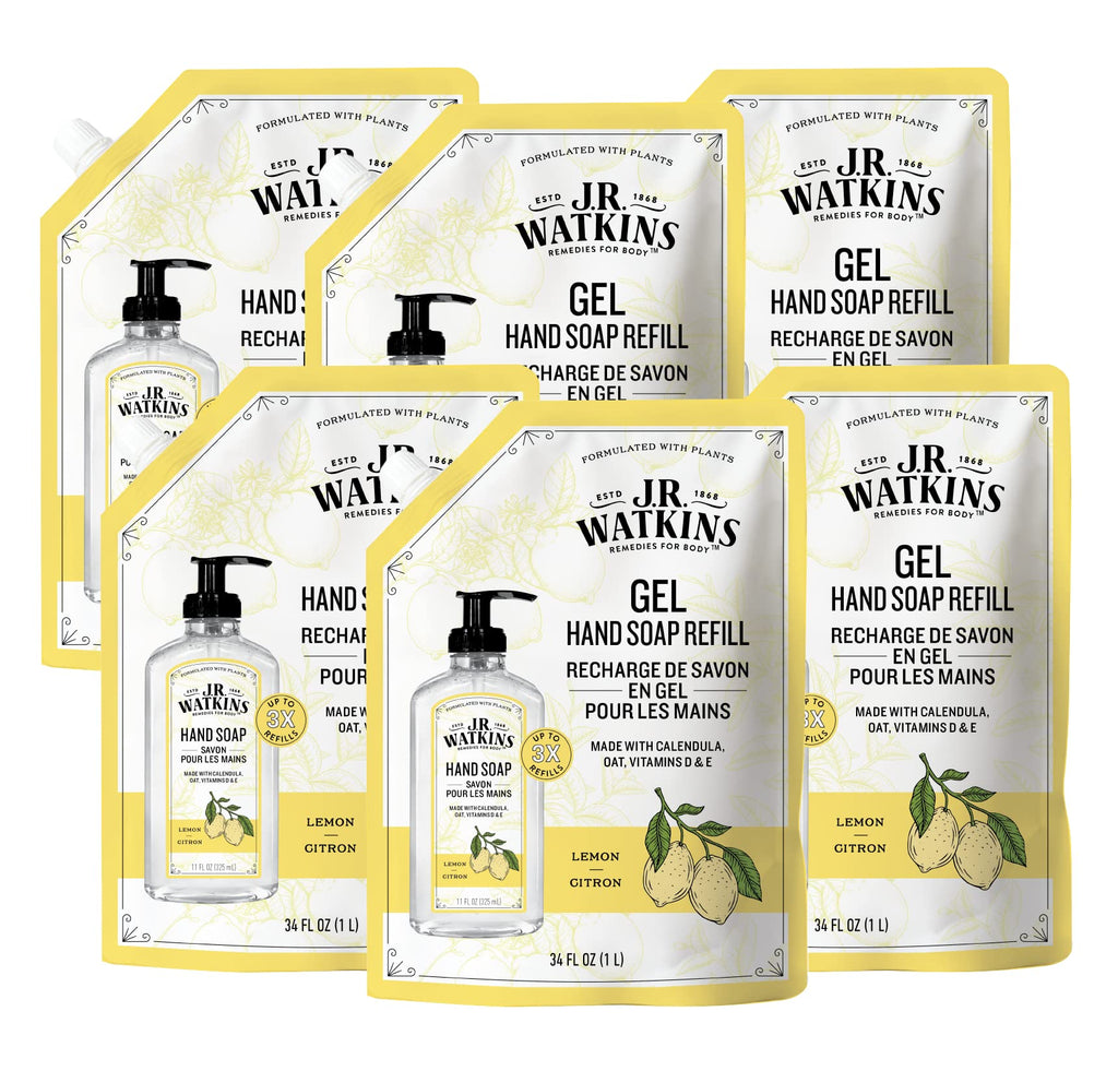 J.R. Watkins Lemon Hand Soap Refill Pouch — 34 oz, USA Made, Cruelty Free, 6 Pack