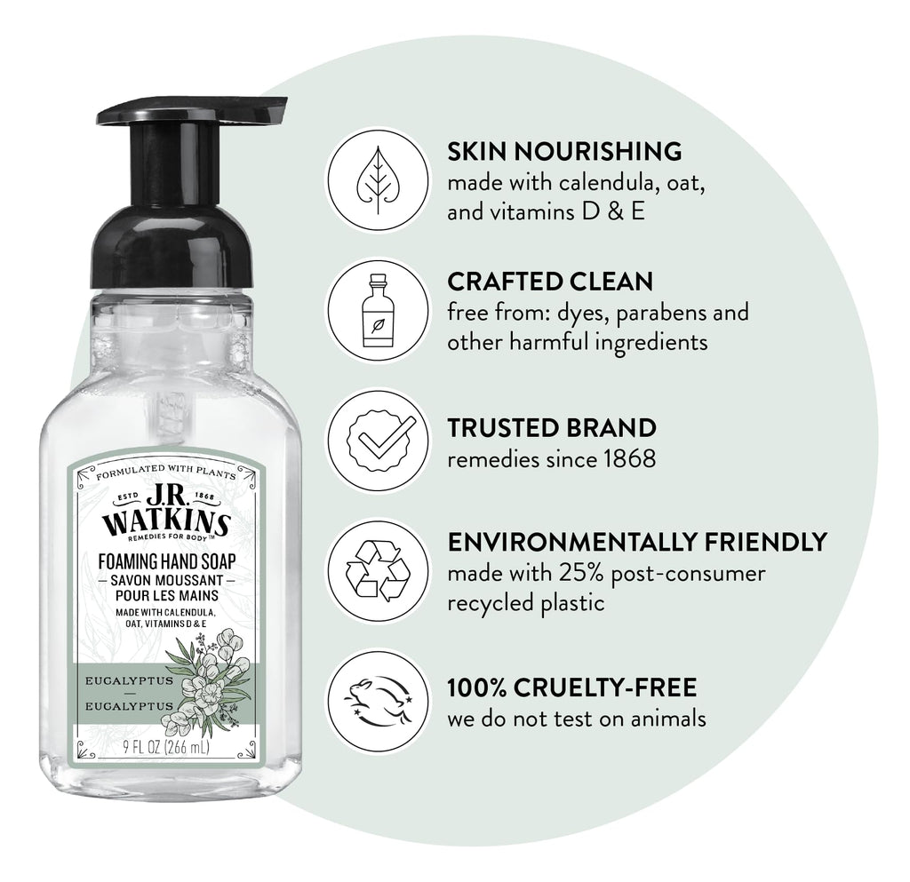 J.R. Watkins Eucalyptus Foaming Hand Soap – Alcohol-Free, Cruelty-Free, 3-Pack (9 fl oz each)