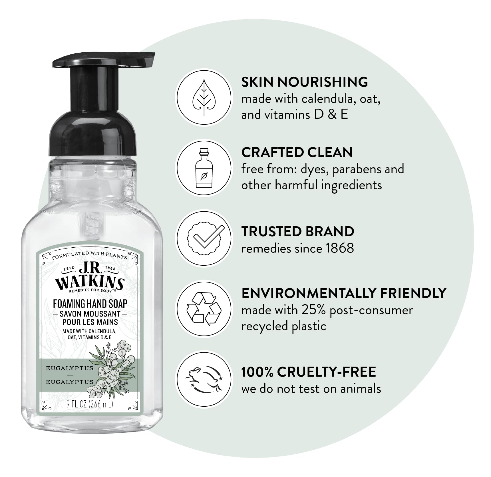 J.R. Watkins Eucalyptus Foaming Hand Soap – Alcohol-Free, Cruelty-Free, 3-Pack (9 fl oz each)