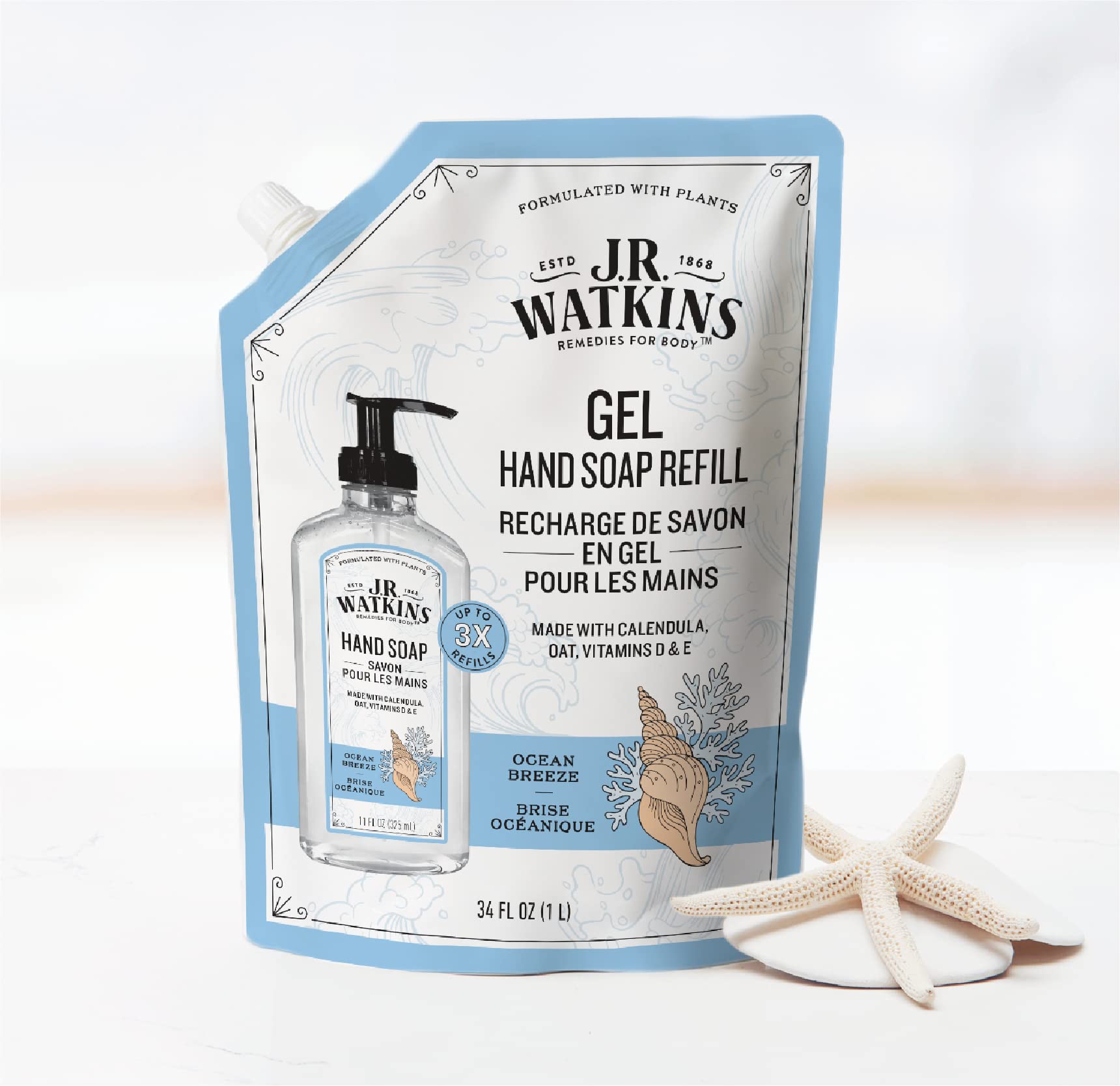 J.R. Watkins Ocean Breeze Gel Hand Soap Refill Pouch – 2 Pack, 34 fl oz, USA Made