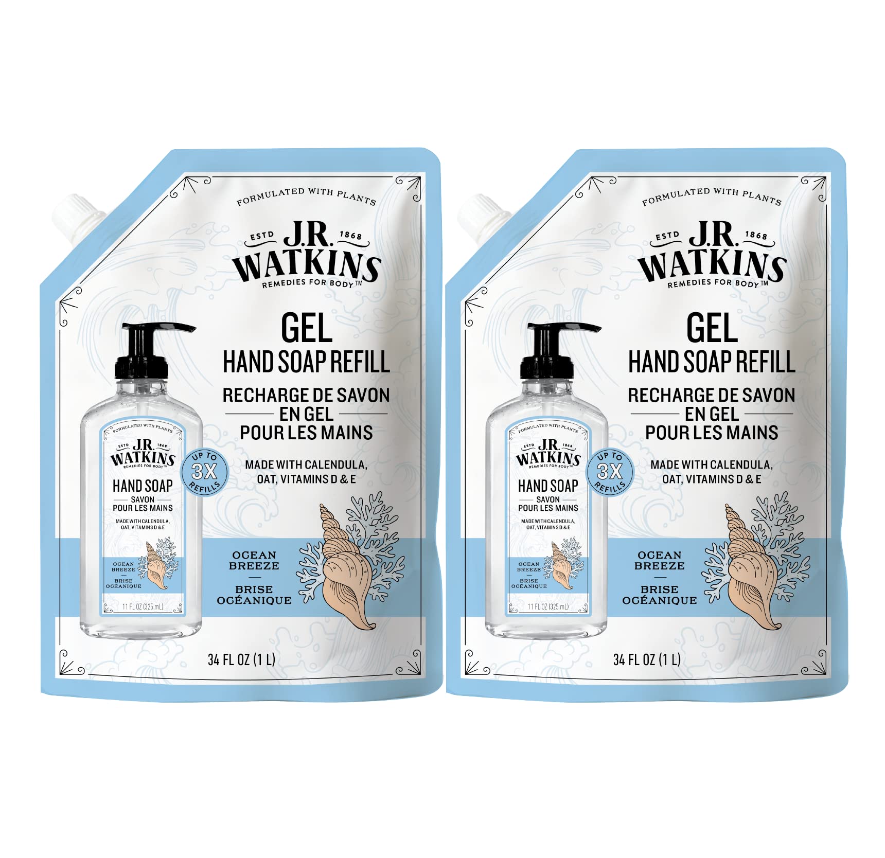 J.R. Watkins Ocean Breeze Gel Hand Soap Refill Pouch – 2 Pack, 34 fl oz, USA Made