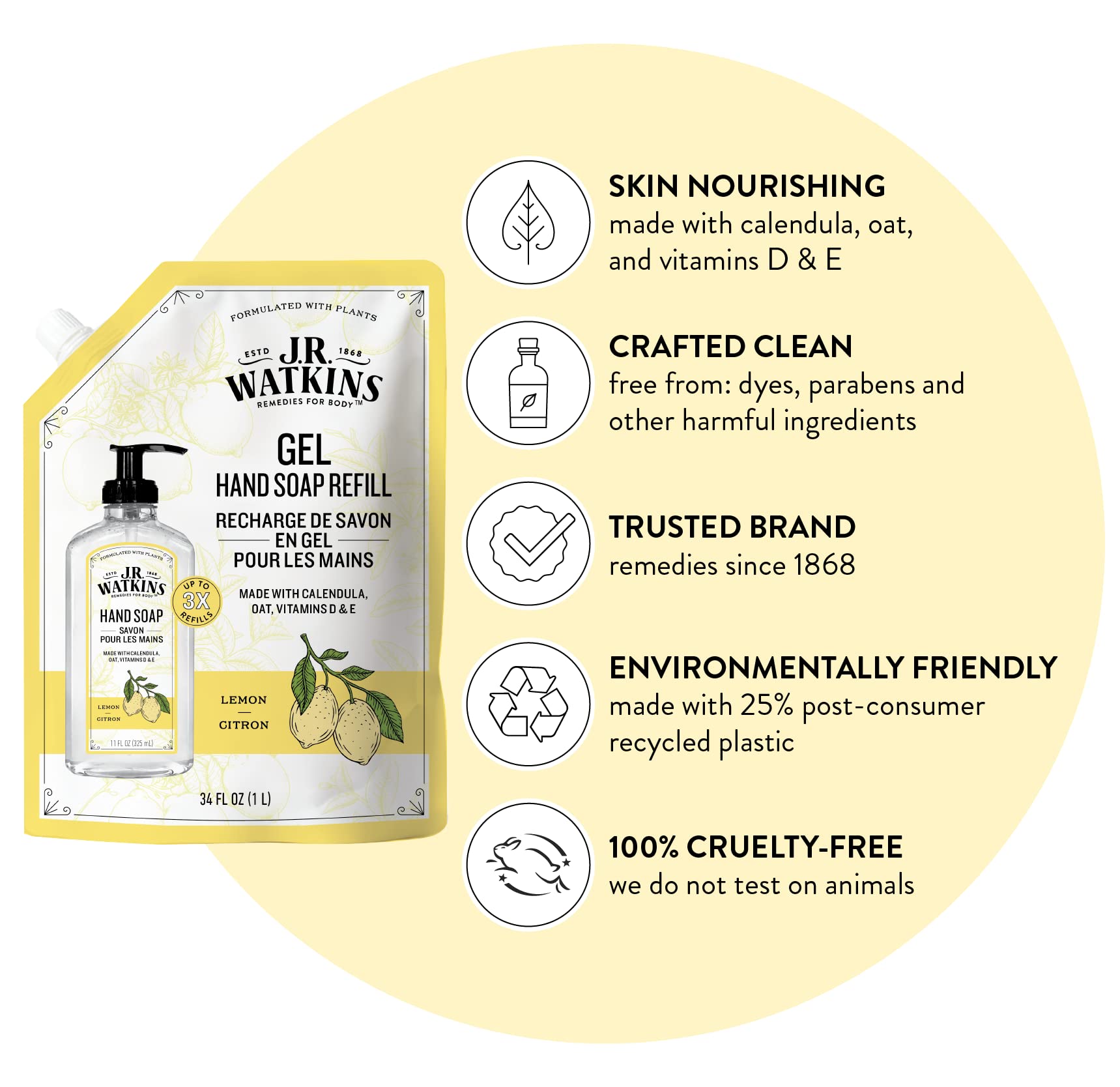 J.R. Watkins Lemon Hand Soap Refill Pouch — 34 oz, USA Made, Cruelty Free, 6 Pack