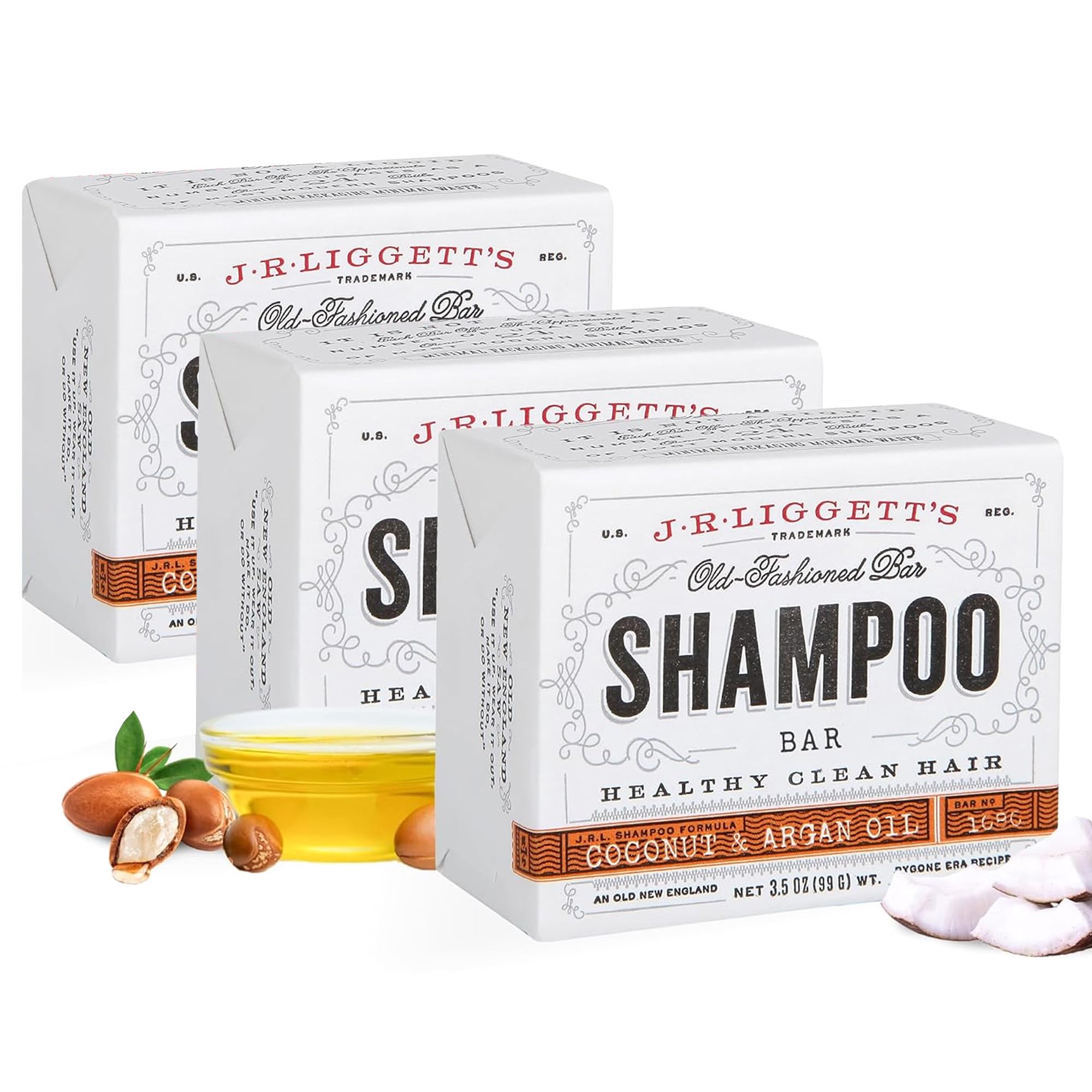 J·R·LIGGETT'S Shampoo Bar Coconut & Argan Oil – All-Natural Solid Shampoo, 3-Pack