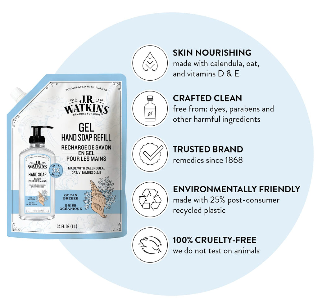 J.R. Watkins Ocean Breeze Hand Soap Gel Refill – 34 oz, Plant-Based & Paraben-Free
