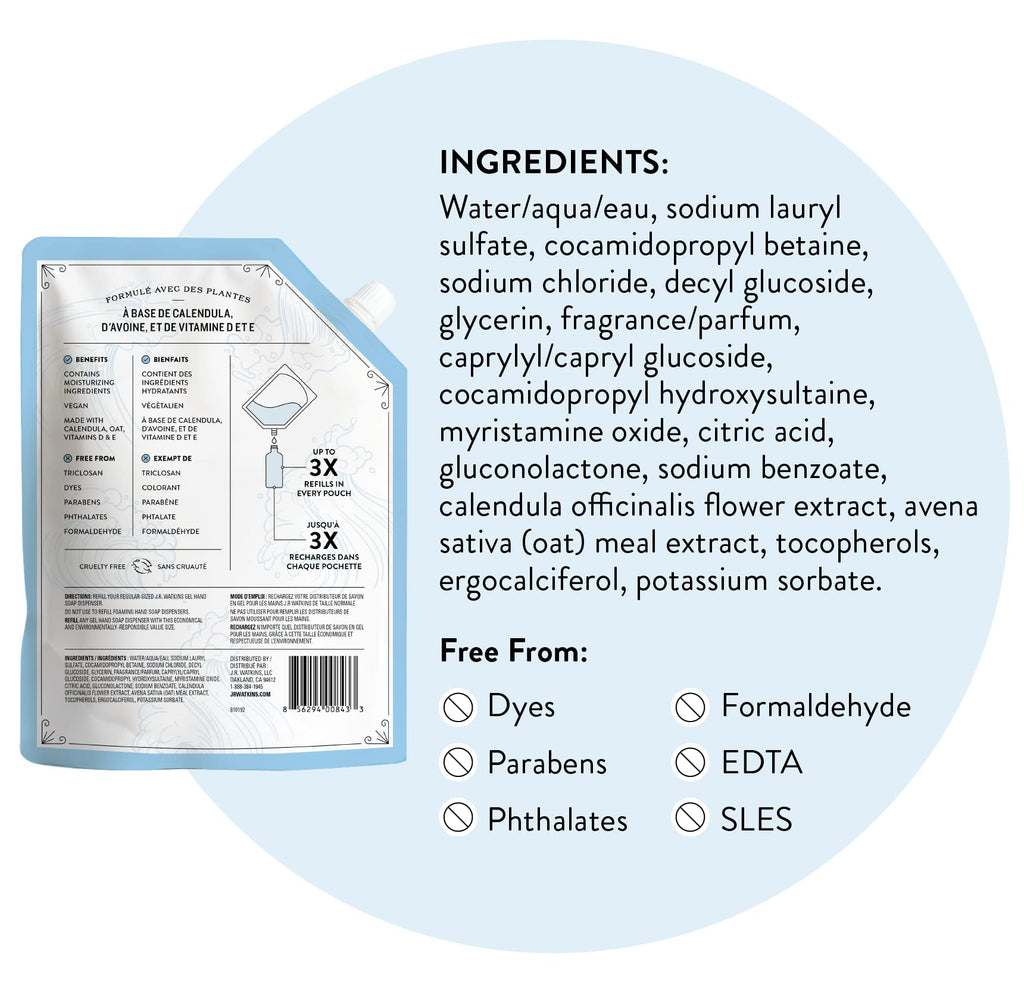 J.R. Watkins Ocean Breeze Hand Soap Gel Refill – 34 oz, Plant-Based & Paraben-Free