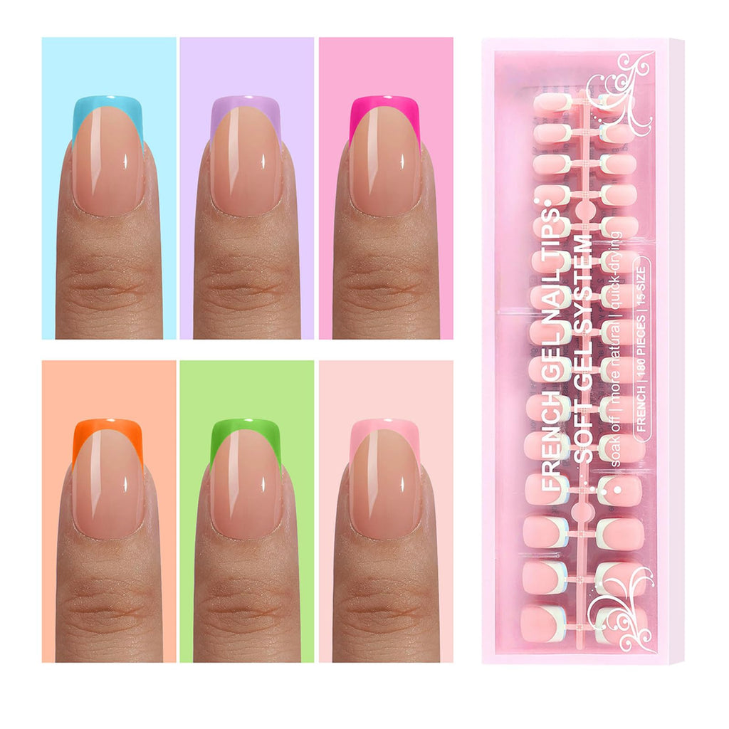 Jsiallye French Tip Press-On Nails – 6 Pack, 180 Pcs Short Square Gel Nail Tips (No File Needed)