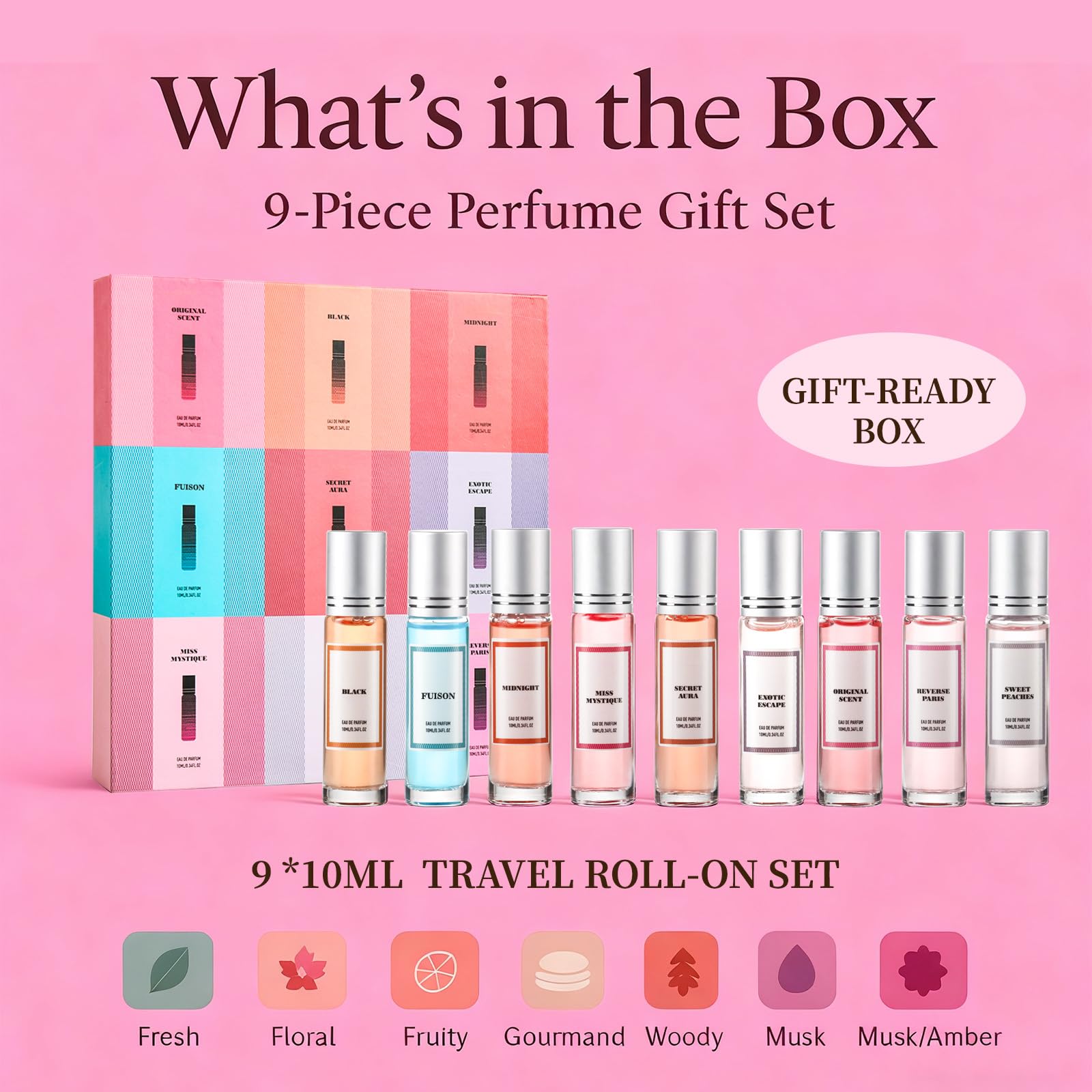 Jsykt Perfume Sets for Women – 9pc Long-Lasting Roll-On Gift Set (Citrus, Amber, Musk, Vanilla)